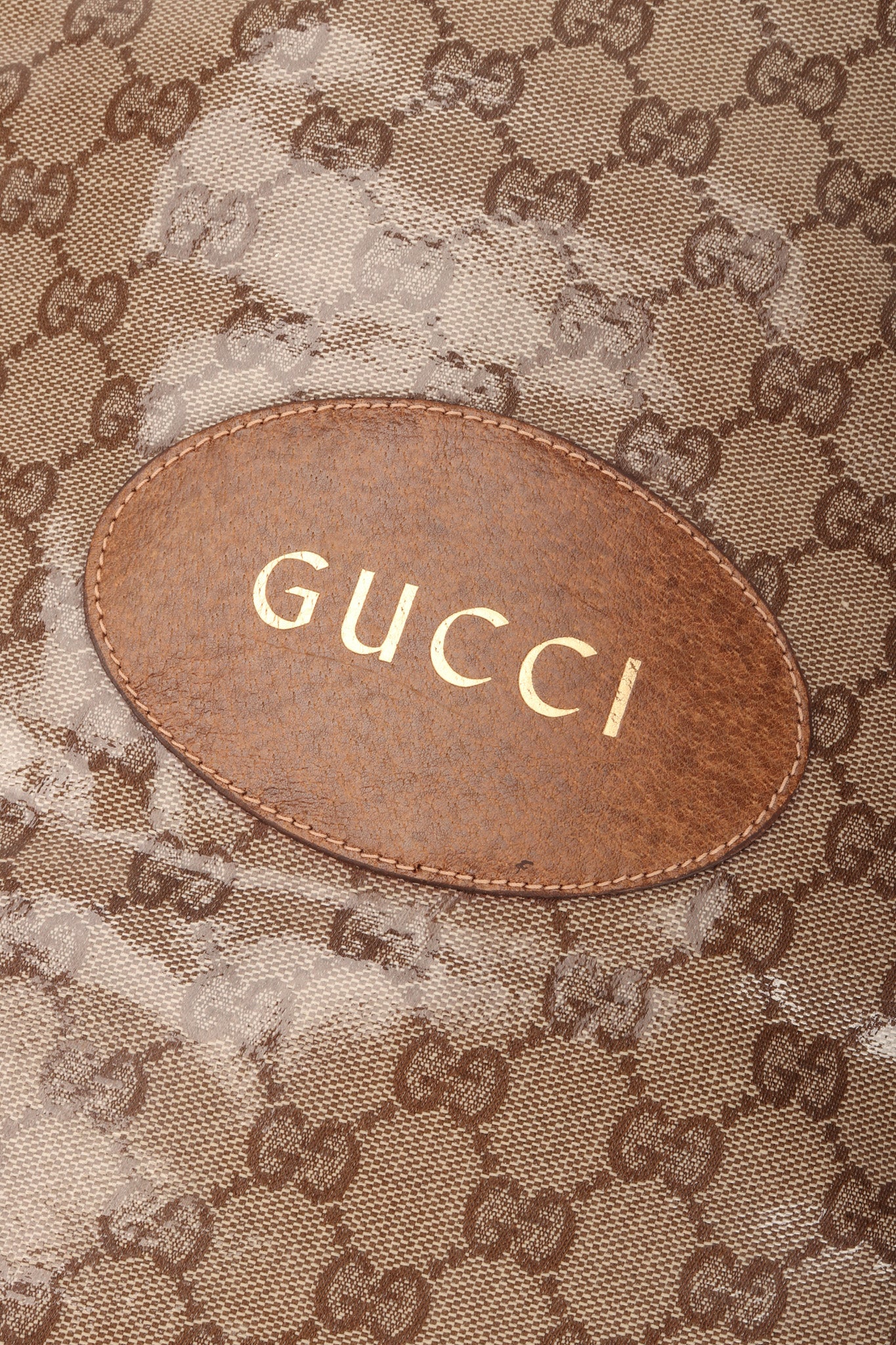 Recess Los Angeles Vintage Gucci Monogram Travel Shoe Tote Bag Coated Canvas Leather Handle Gold Letter Pressing