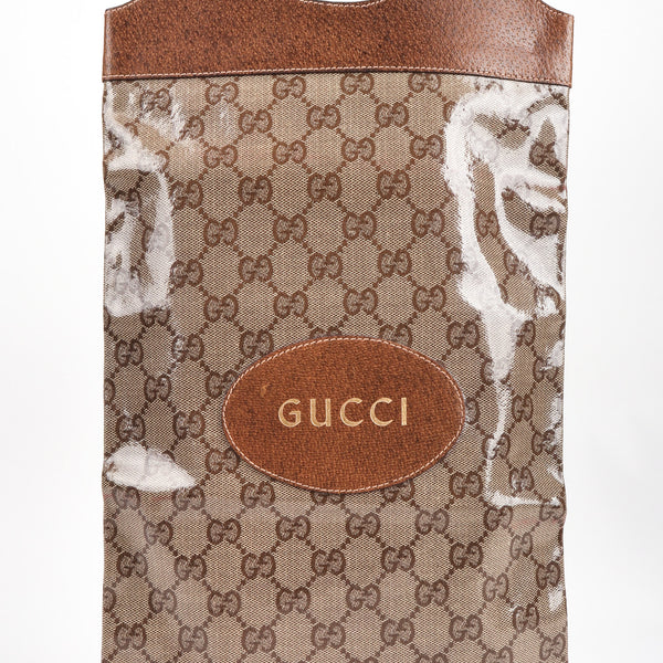 Vintage Gucci Monogram Travel Shoe Tote Bag Coated Canvas Leather Handle Gold Letter Pressing Recess