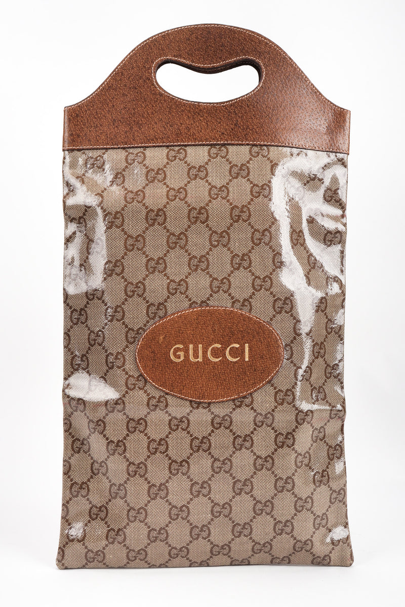 a Los Angeles Vintage Gucci Monogram Travel Shoe Tote Bag Coated Canvas Leather Handle Gold Letter Pressing
