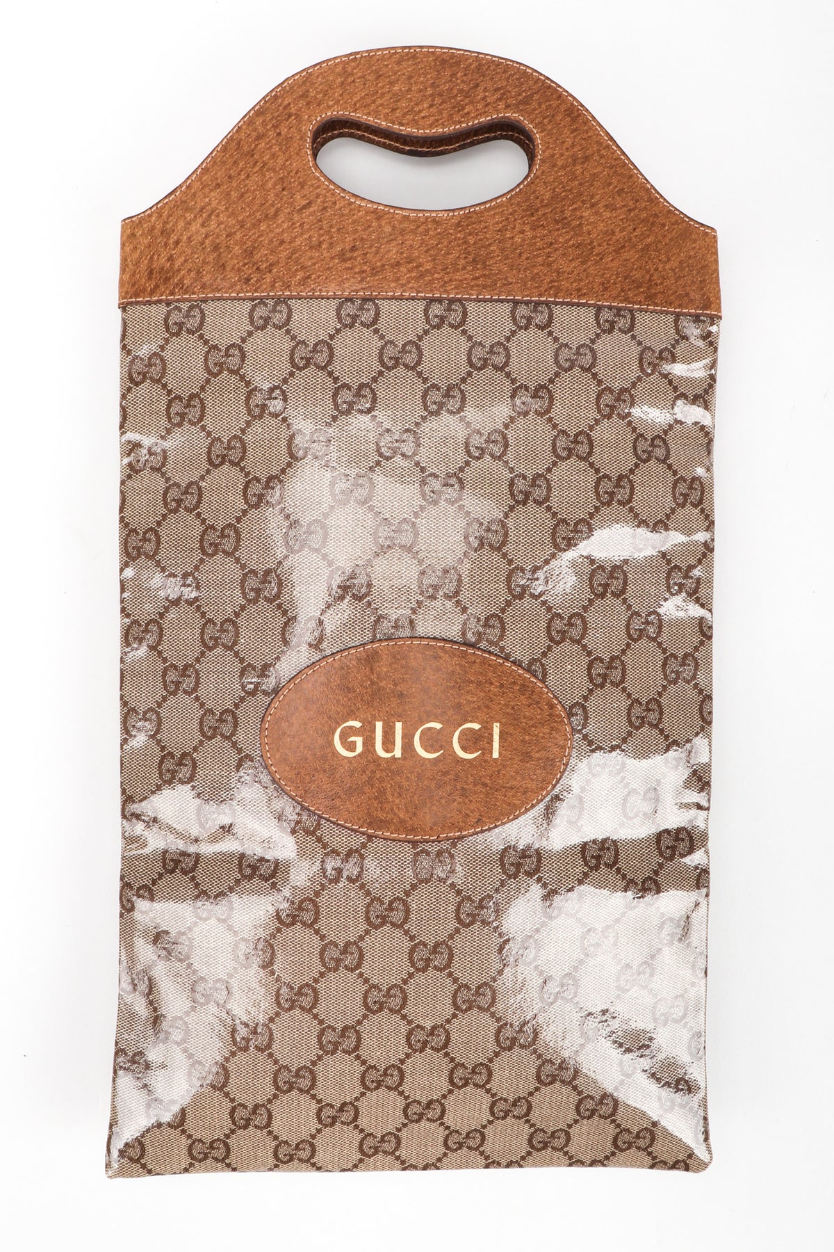 Vintage Gucci Monogram Travel Shoe Tote Bag Coated Canvas Leather Handle Gold Letter Pressing Recess