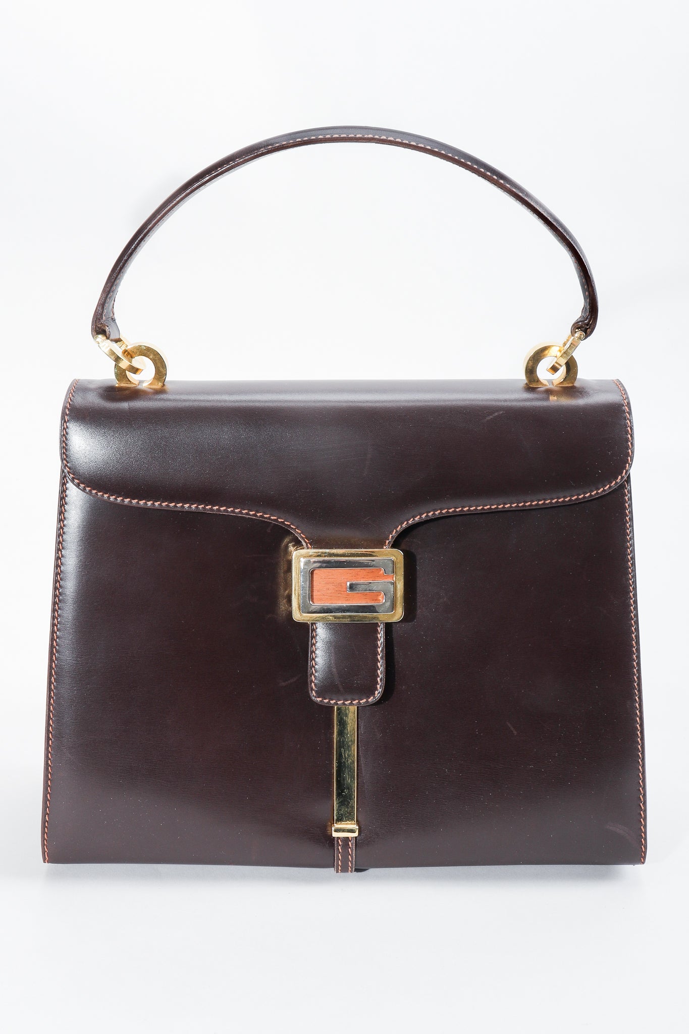 Vintage Gucci 70s Leather Logo G Clasp Satchel Handbag front at Recess Los Angeles