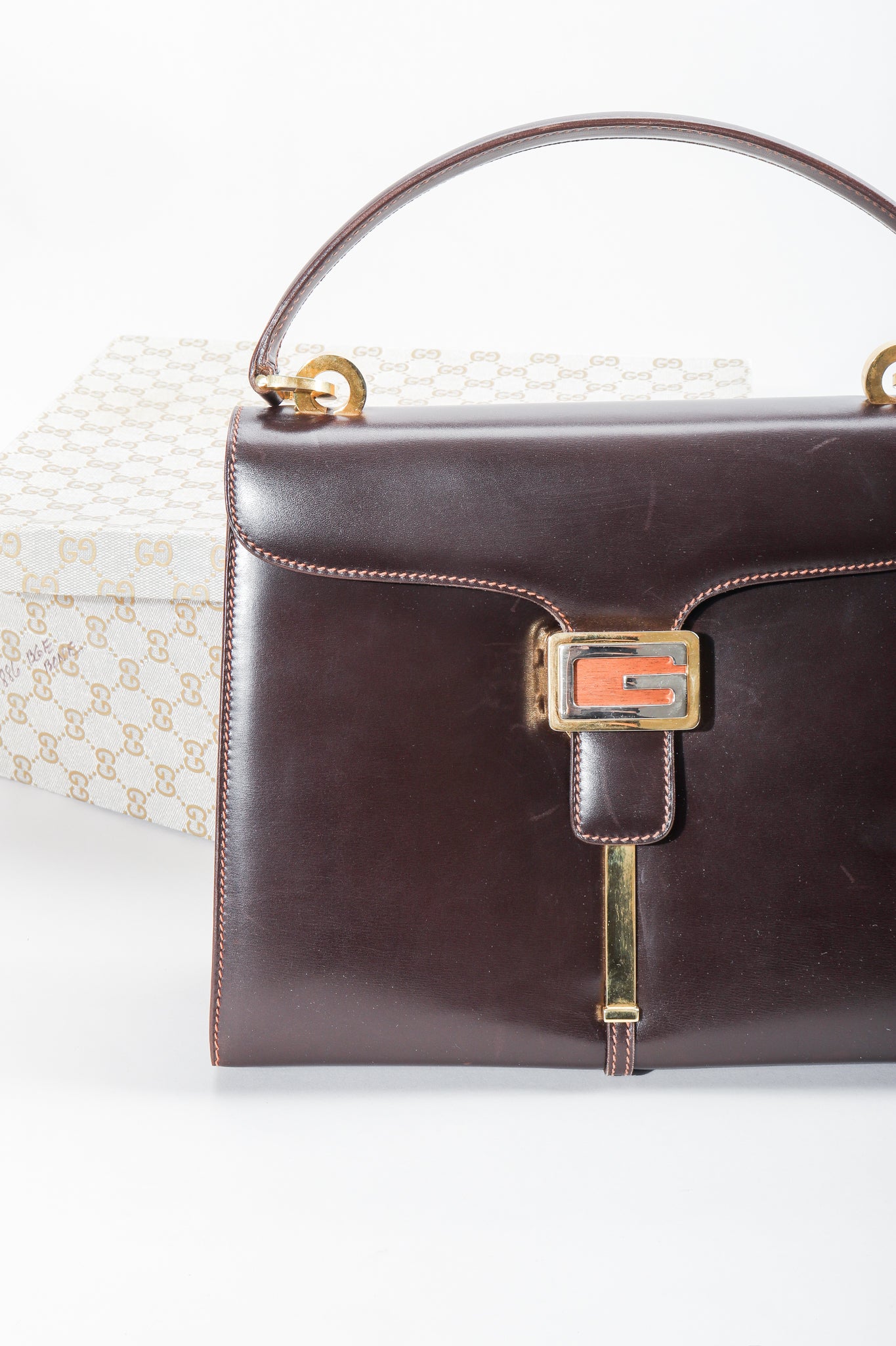 Vintage Gucci 70s Leather Logo G Clasp Satchel Handbag with box at Recess Los Angeles