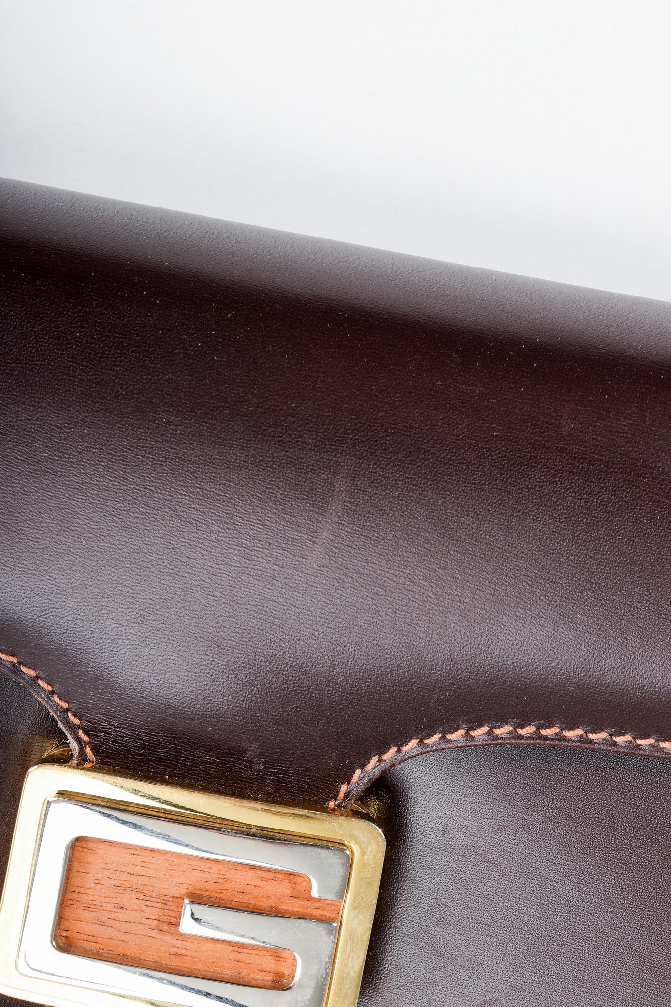 Vintage Gucci 70s Leather Logo G Clasp Satchel Handbag scratches at Recess Los Angeles