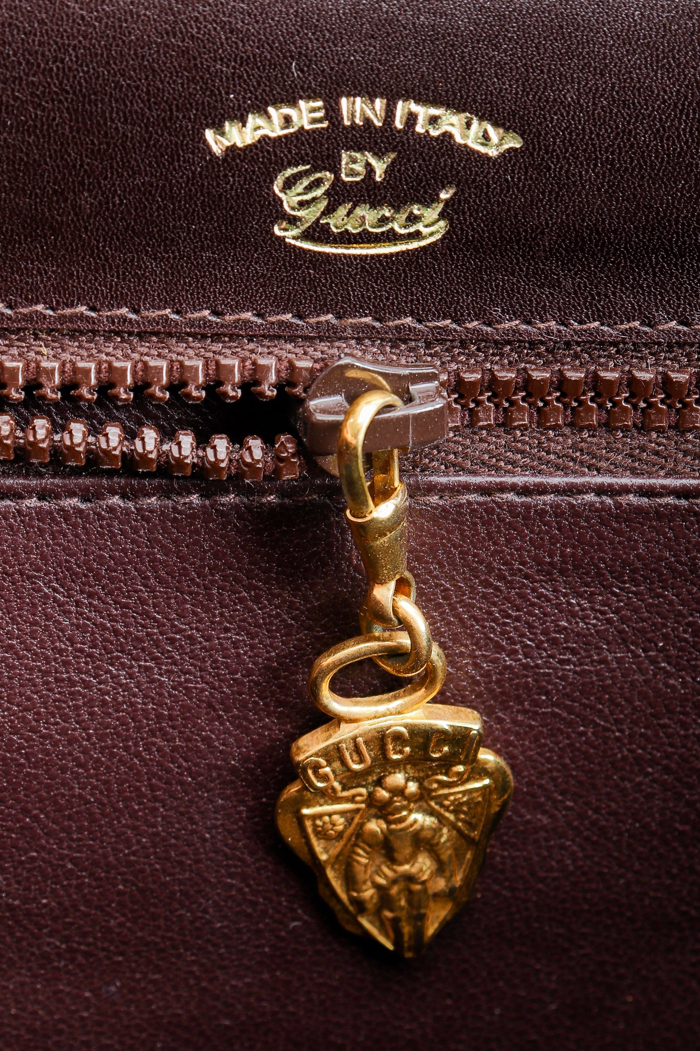 Vintage Gucci 70s Leather Logo G Clasp Satchel Handbag zipper pull at Recess Los Angeles