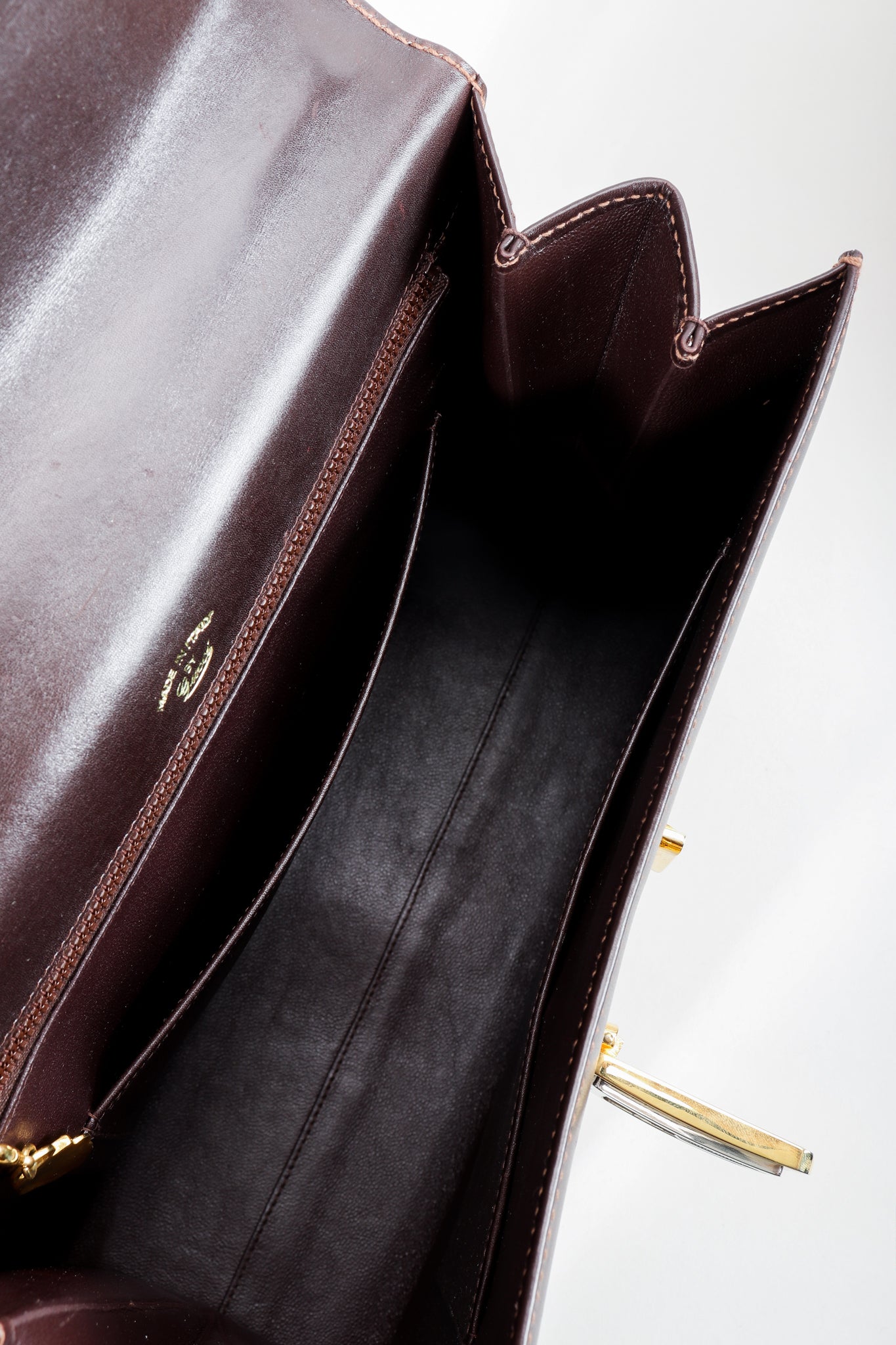 Vintage Gucci 70s Leather Logo G Clasp Satchel Handbag interior at Recess Los Angeles
