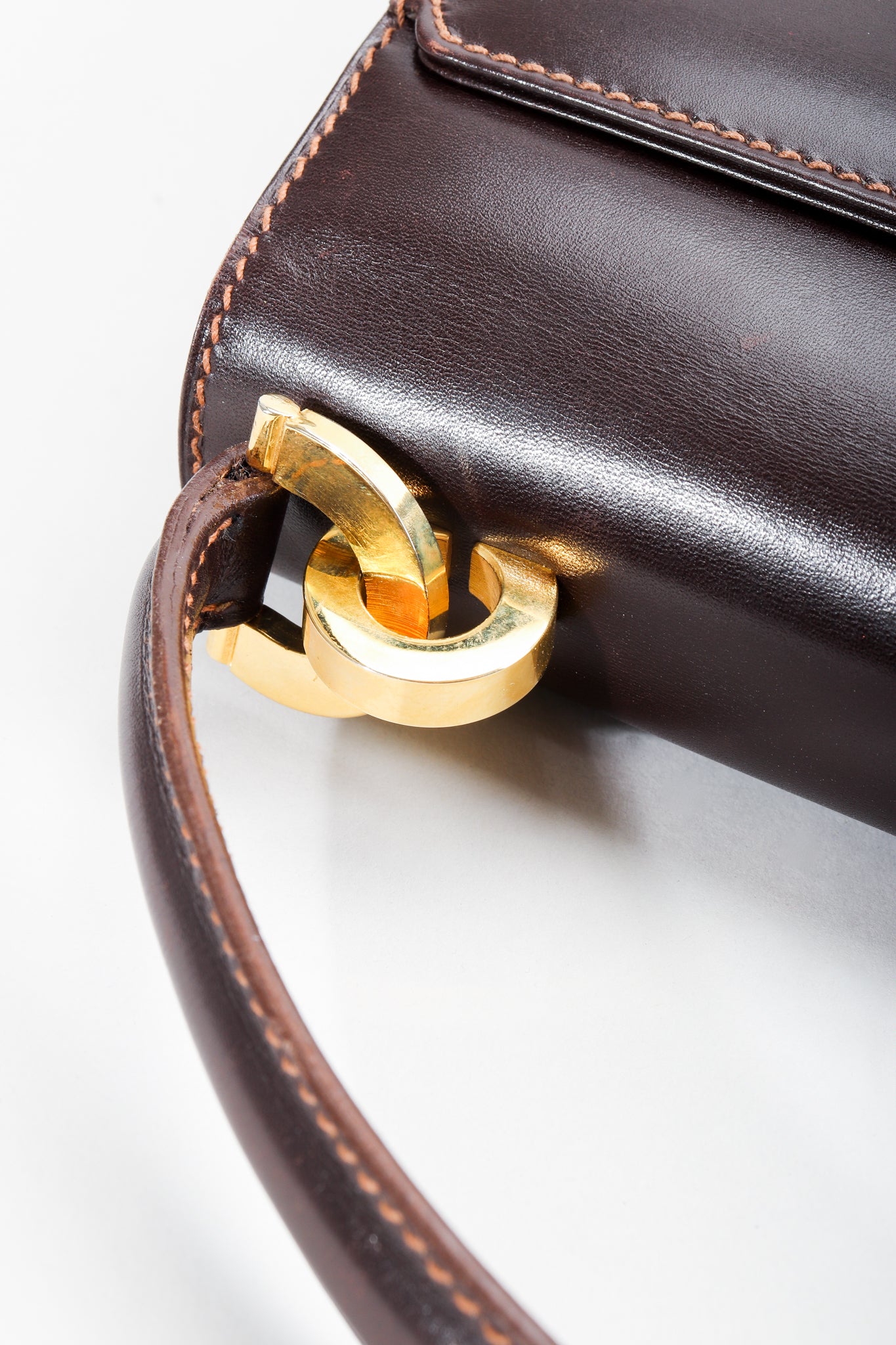 Vintage Gucci 70s Leather Logo G Clasp Satchel Handbag handle hardware at Recess Los Angeles