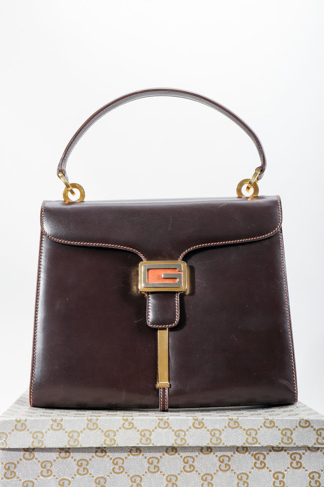 Vintage Gucci 70s Leather Logo G Clasp Satchel Handbag with box at Recess Los Angeles