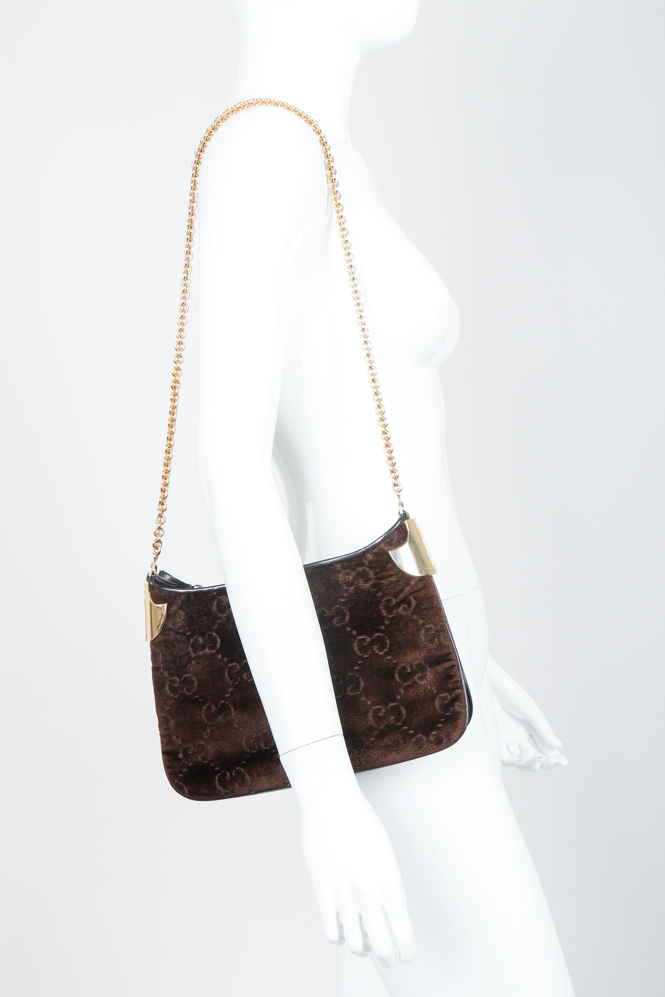 Vintage Gucci Brown Chenille Monogram Shoulder Bag on Mannequin at Recess