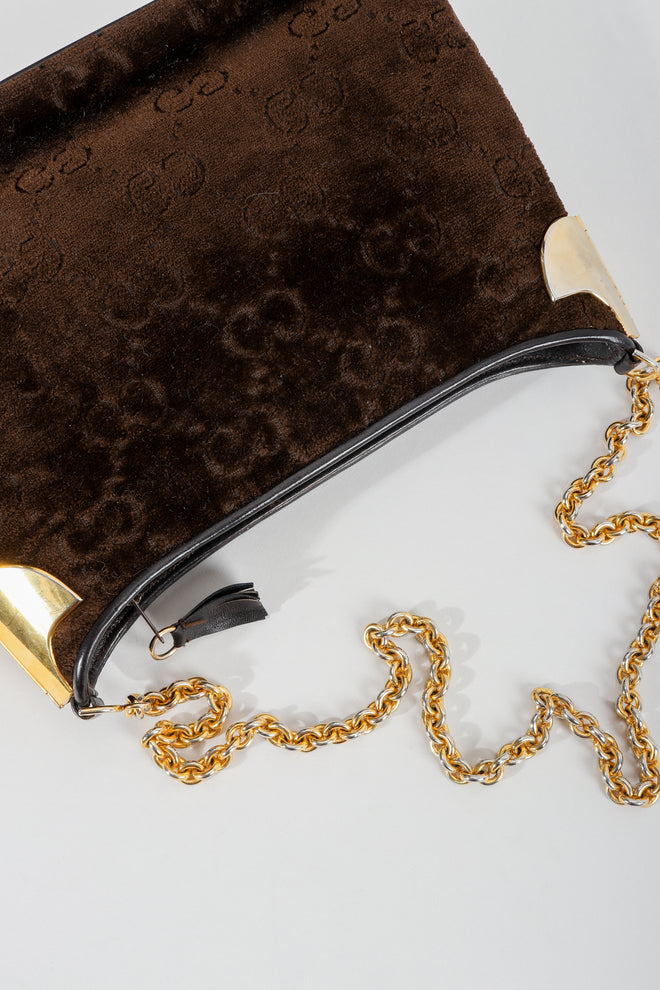 Vintage Gucci Brown Chenille Monogram Shoulder Bag overhead at Recess Los Angeles