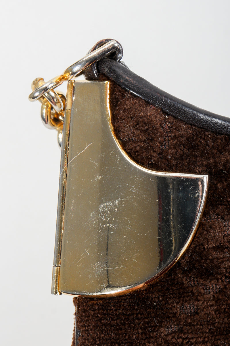 Vintage Gucci Brown Chenille Monogram Shoulder Bag scratches on hardware at Recess Los Angeles