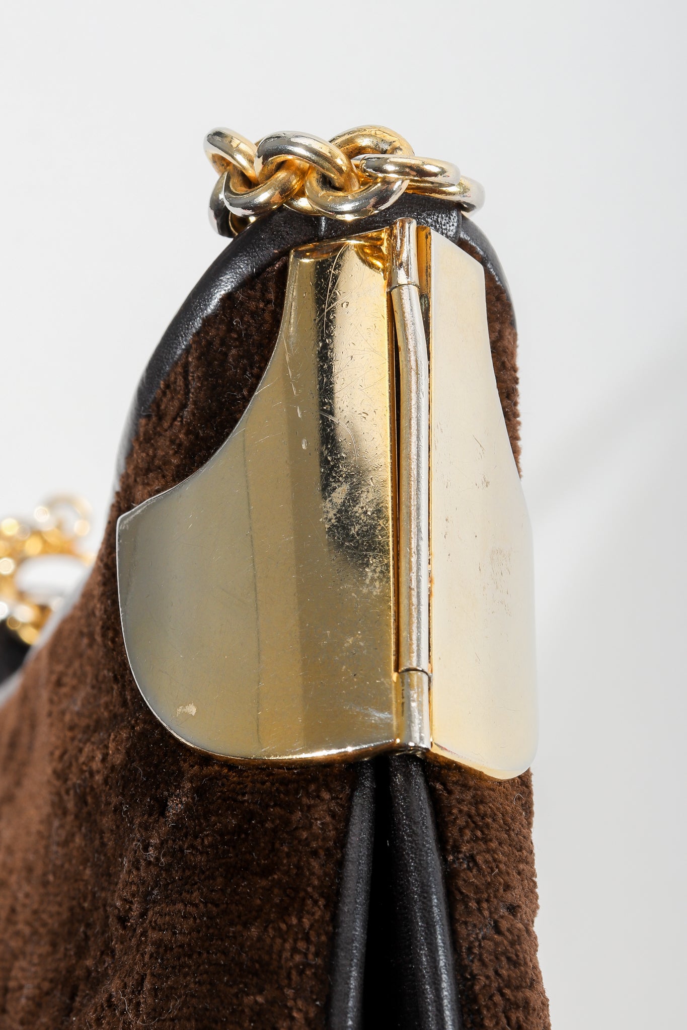 Vintage Gucci Brown Chenille Monogram Shoulder Bag scratches on hardware at Recess Los Angeles