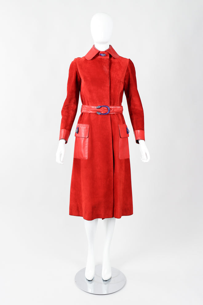 Vintage Gucci 1970s Suede Dionysus Trench Coat on Mannequin Front at Recess Los Angeles