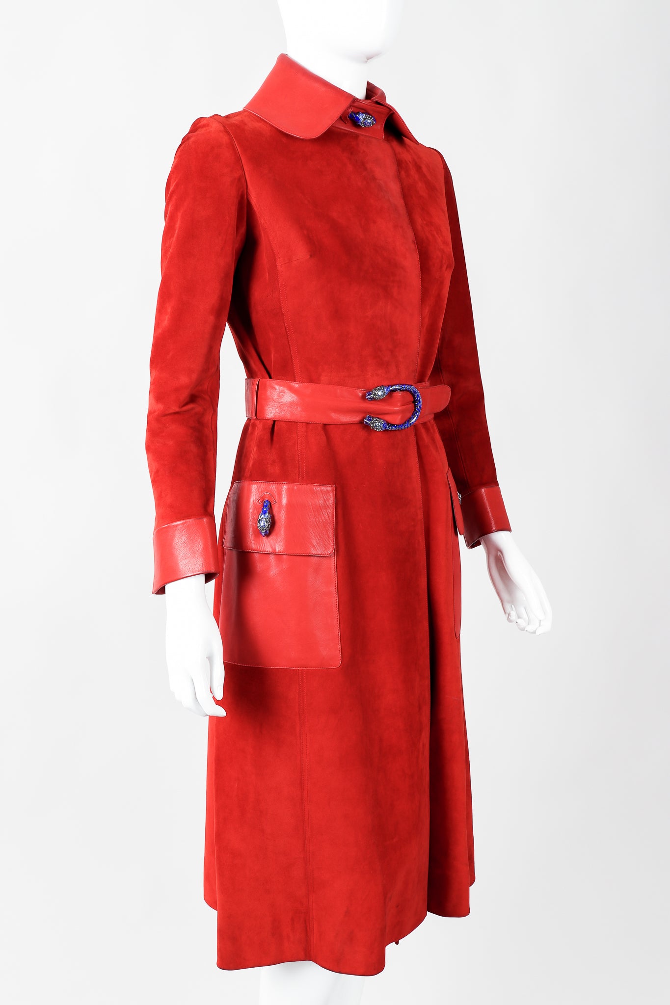 Vintage Gucci 1970s Suede Dionysus Trench Coat on Mannequin Side at Recess Los Angeles