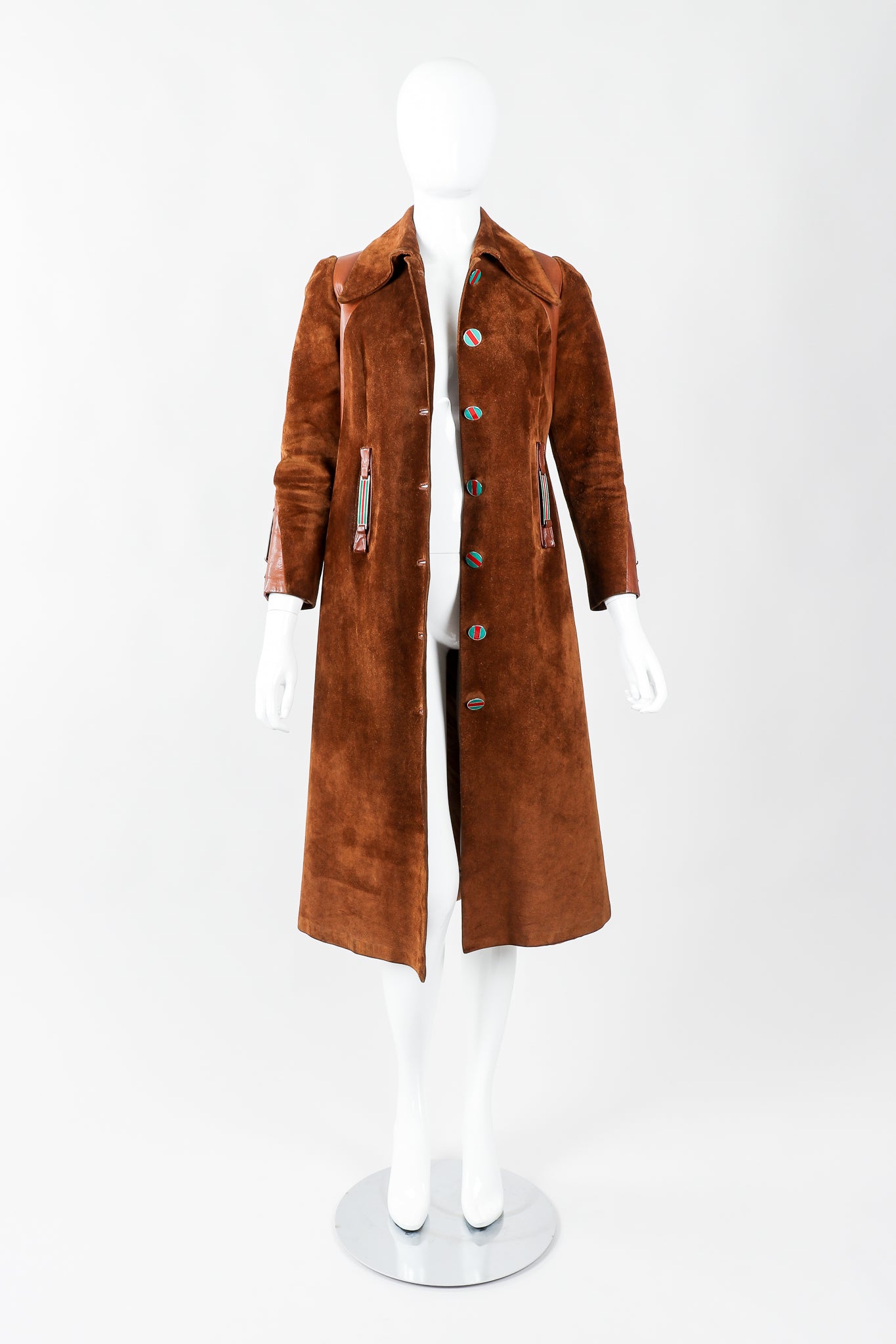 Vintage Gucci 1970s Cognac Suede Iconic Enamel Web Trench Coat on Mannequin open, at Recess