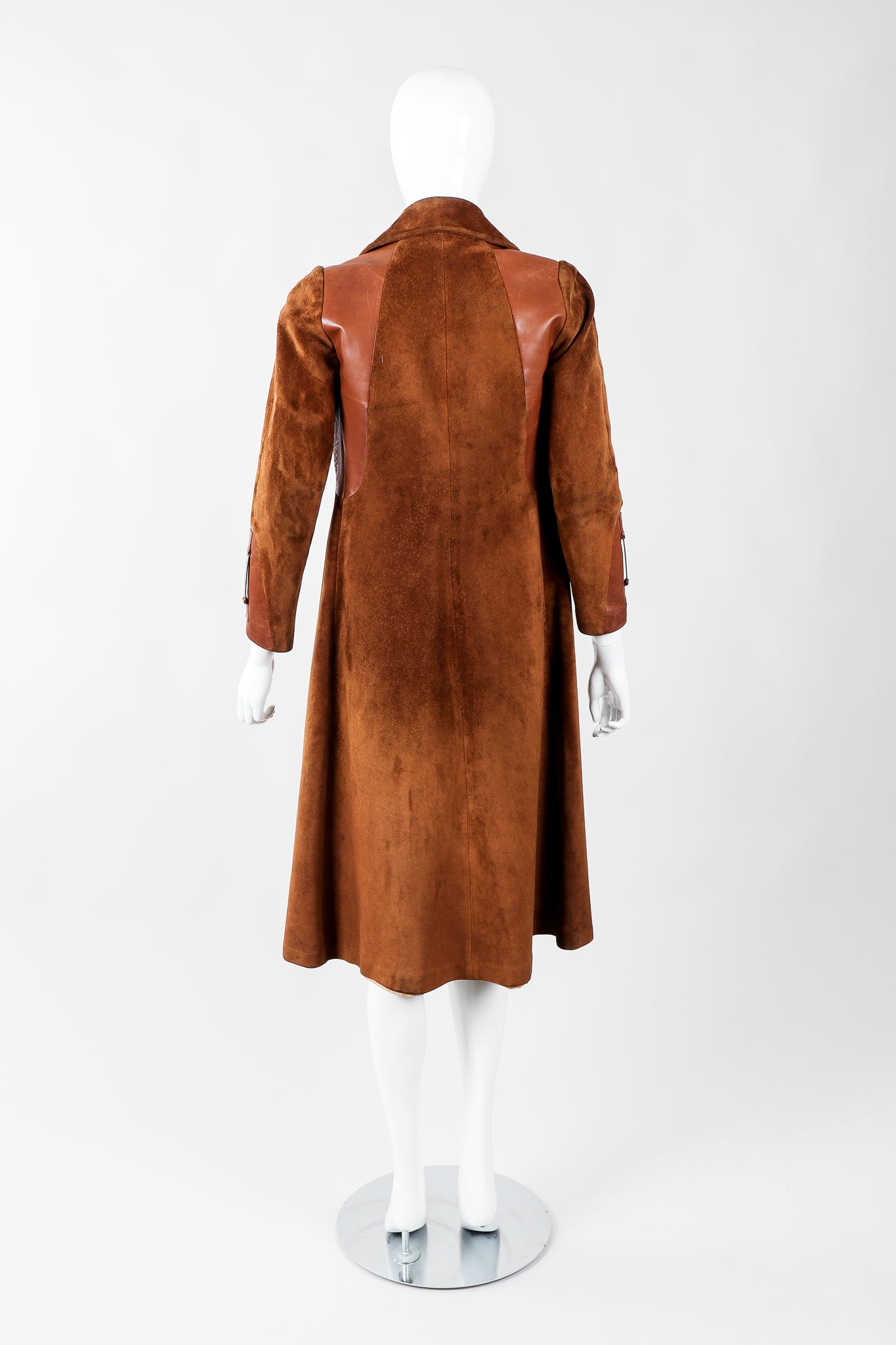 Vintage Gucci 1970s Cognac Suede Iconic Enamel Web Trench Coat on Mannequin back, at Recess