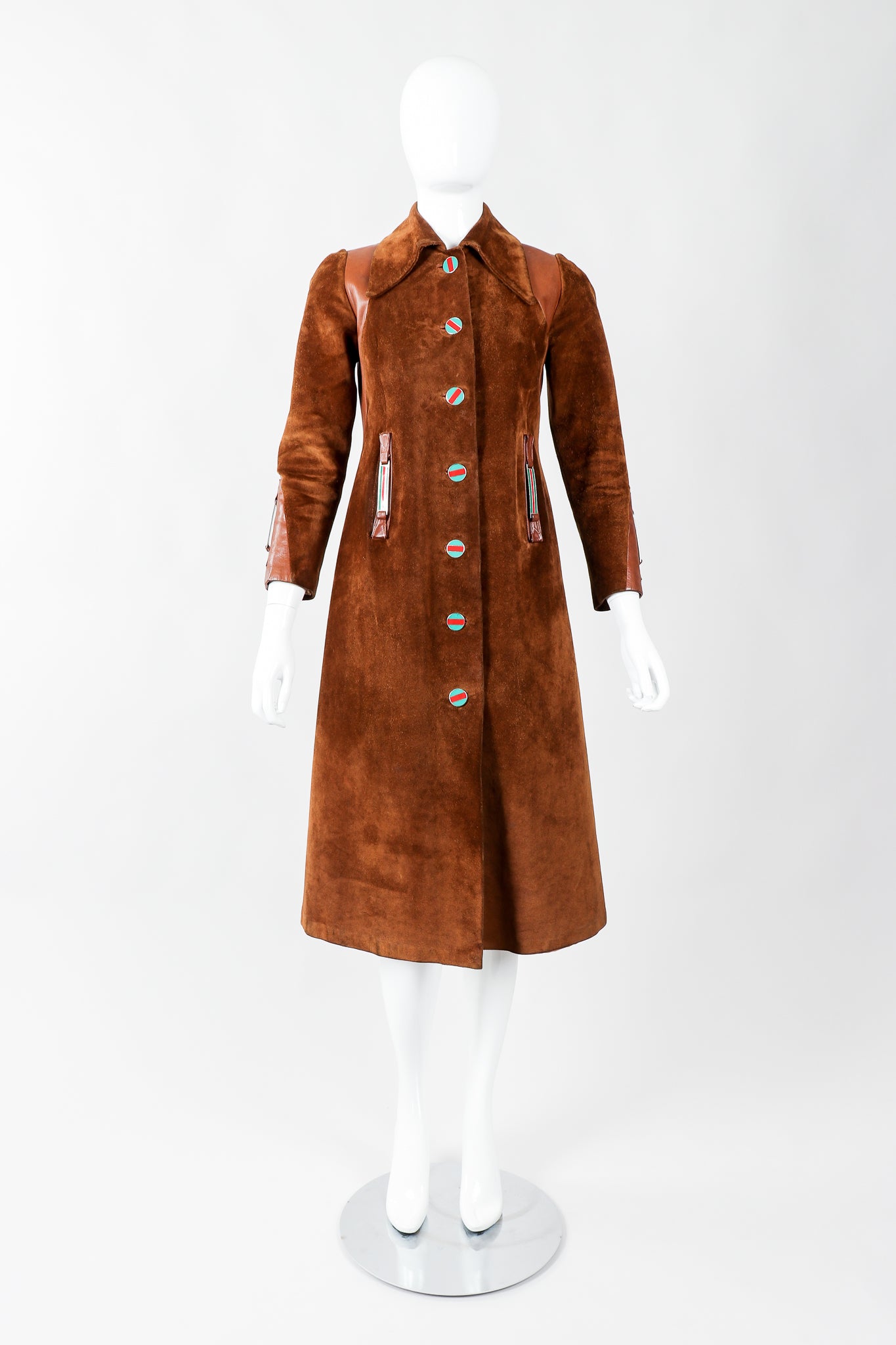 Vintage Gucci 1970s Cognac Suede Iconic Enamel Web Trench Coat on Mannequin full front, at Recess