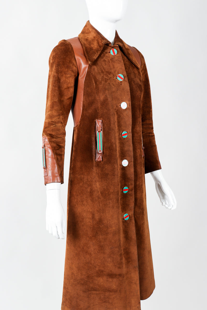Vintage Gucci 1970s Cognac Suede Iconic Enamel Web Trench Coat on Mannequin cropped, at Recess