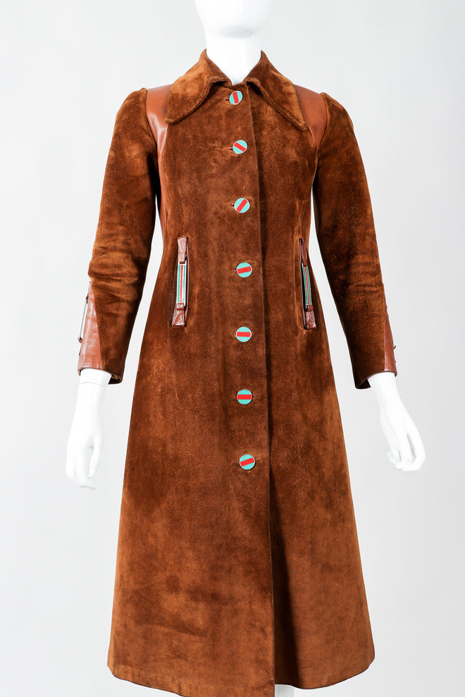 Vintage Gucci 1970s Cognac Suede Iconic Enamel Web Trench Coat on Mannequin front, at Recess