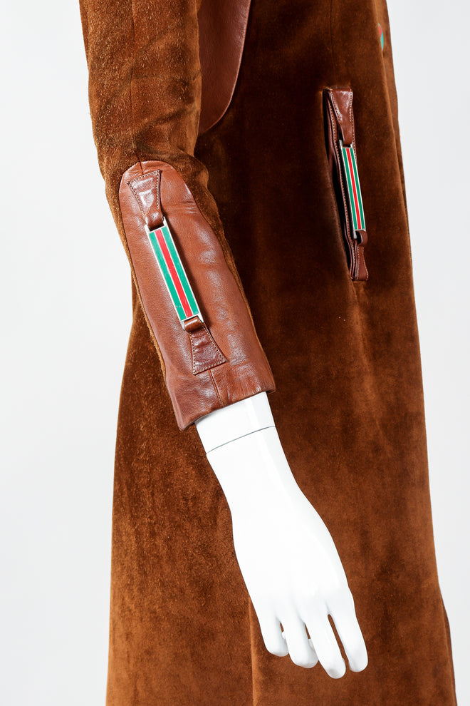 Vintage Gucci 1970s Cognac Suede Iconic Enamel Web Trench Coat on Mannequin arm detail, at Recess