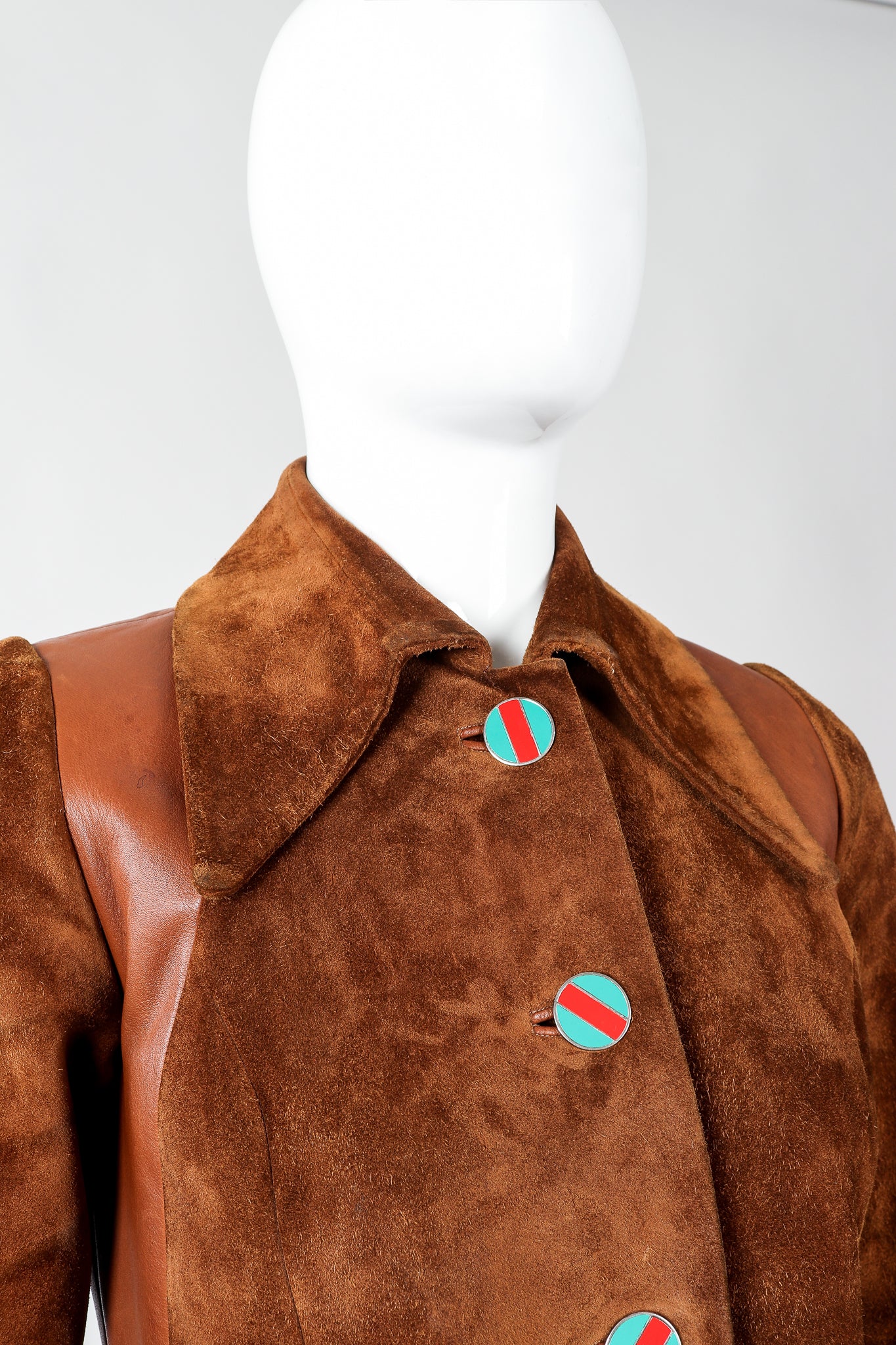 Vintage Gucci 1970s Cognac Suede Iconic Enamel Web Trench Coat on Mannequin collar, at Recess