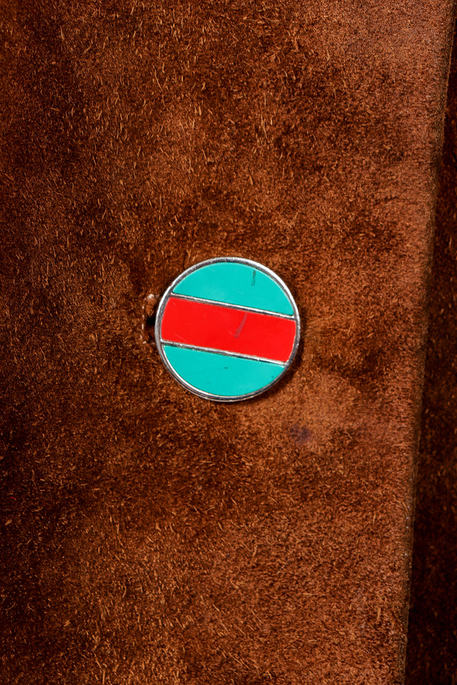 Vintage Gucci 1970s Cognac Suede Iconic Enamel Web Trench Coat Button Detail