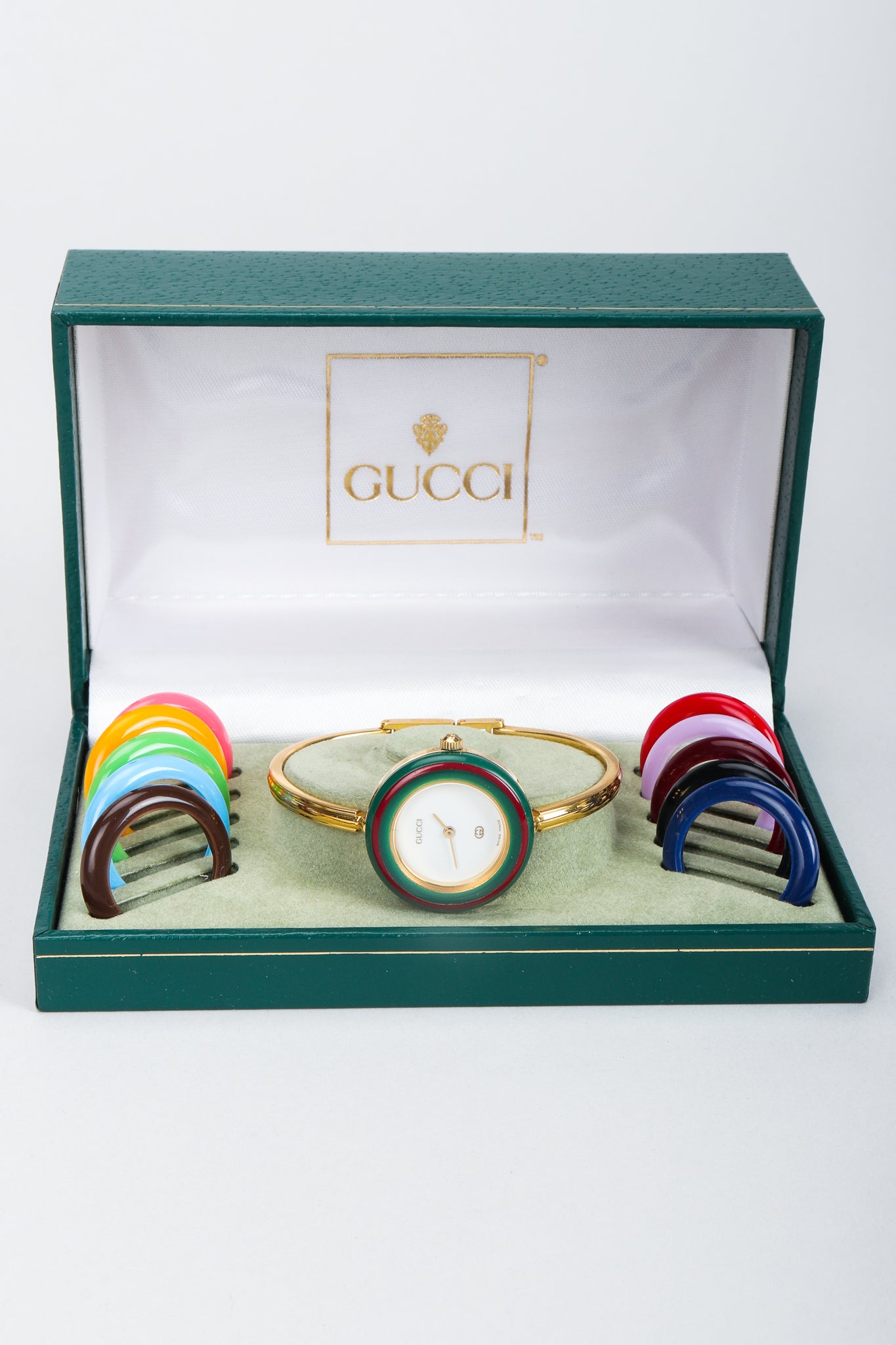 Vintage Gucci 1952 Boxed Bracelet Watch with Interchangeable Bezels in box at Recess Los Angeles