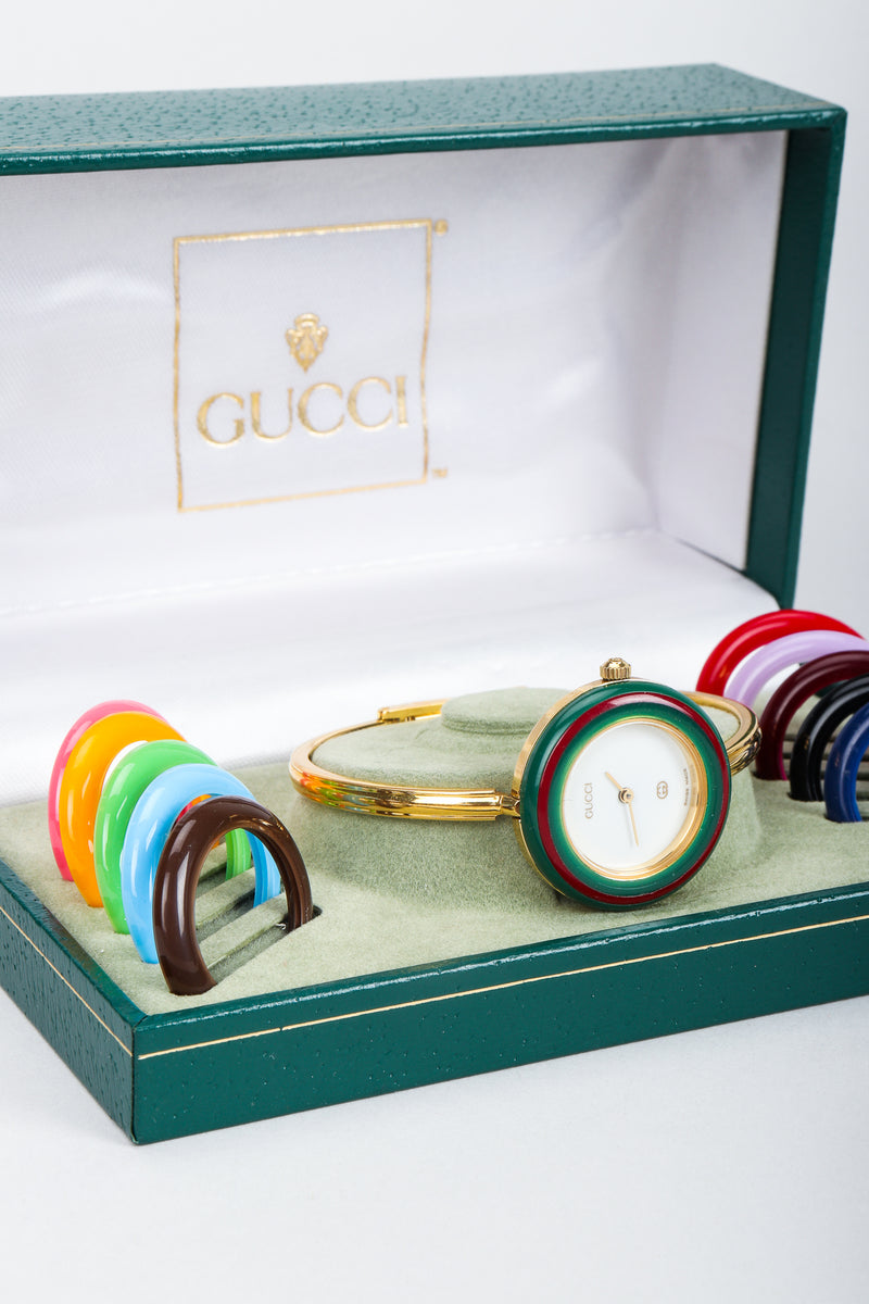 Vintage Gucci 1952 Boxed Bracelet Watch with Interchangeable Bezels in box