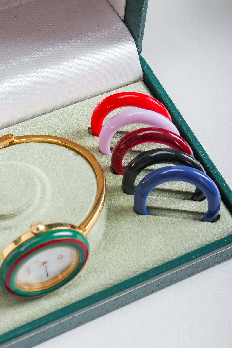 Vintage Gucci 1952 Boxed Bracelet Watch with Interchangeable Bezels, primary colors