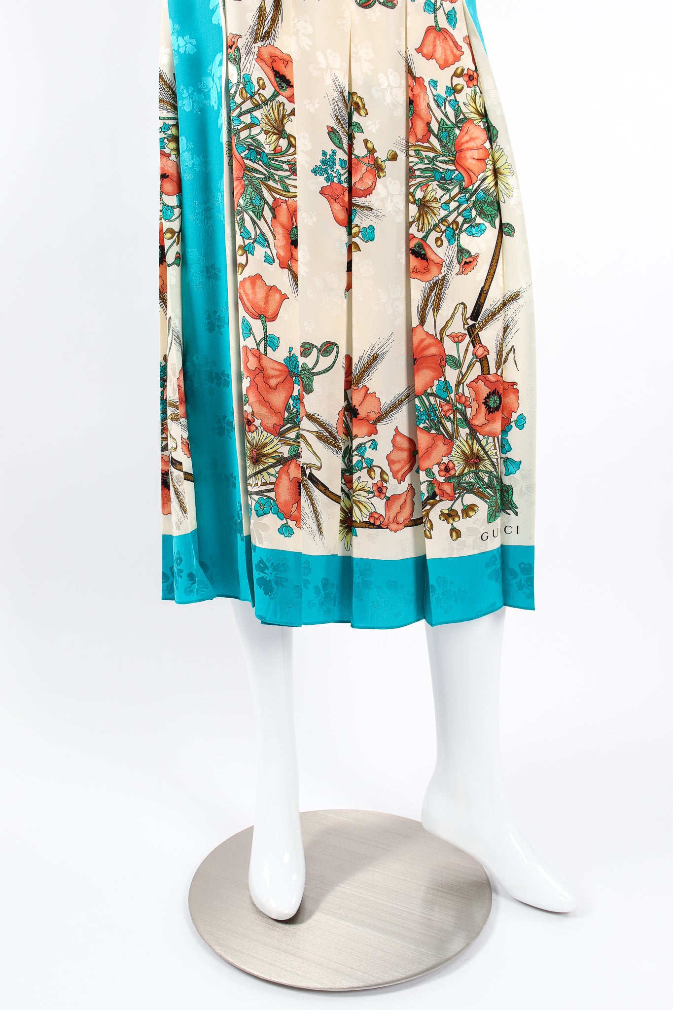 Gucci 2019 Resort Look 34 Silk Poppy Printed Scarf Skirt on Mannequin hem at Recess LA