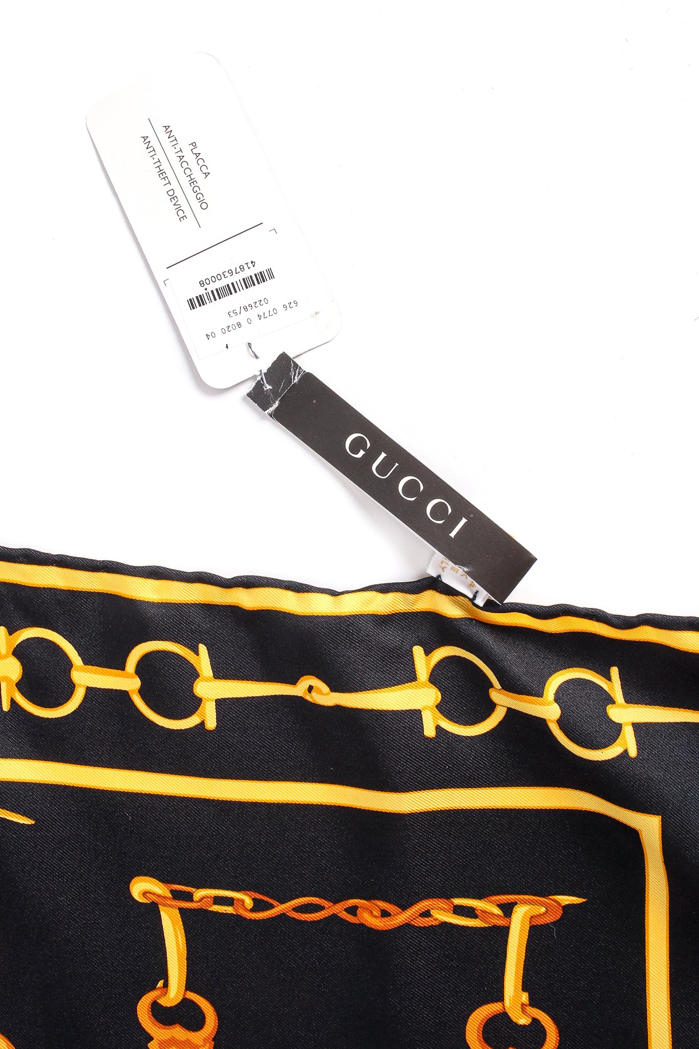 Vintage Gucci Baroque Bridle & Horsebit Silk Scarf tag at Recess Los Angeles