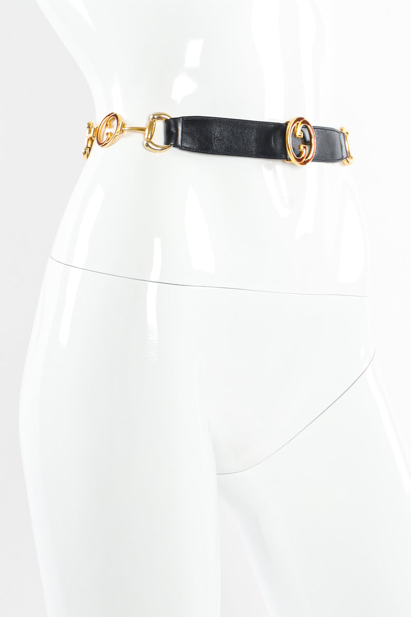 Vintage Gucci Enamel Horsebit Leather Belt on mannequin angle @ Recess LA
