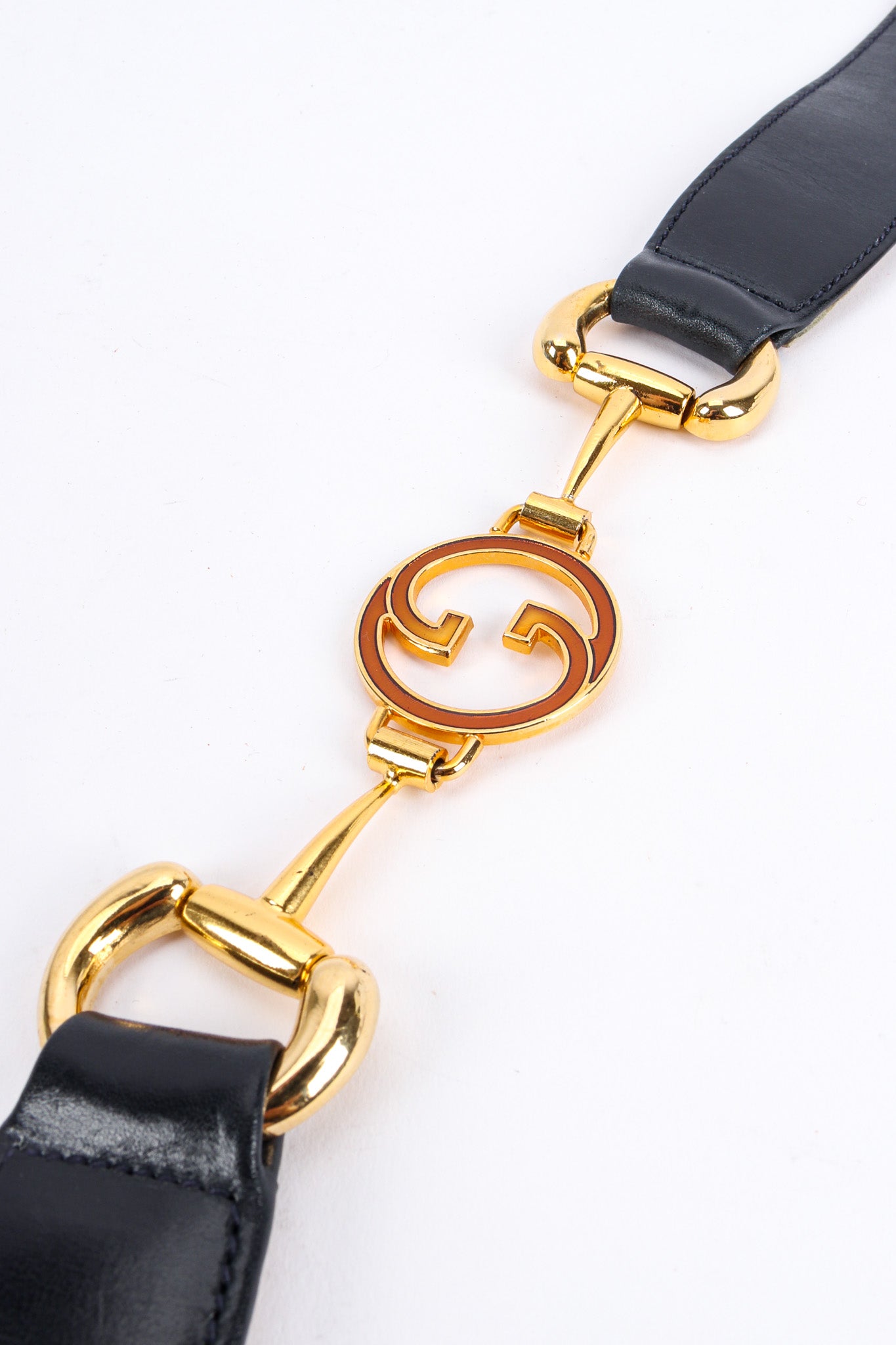 Vintage Gucci Enamel Horsebit Leather Belt enamel logo close @ Recess LA