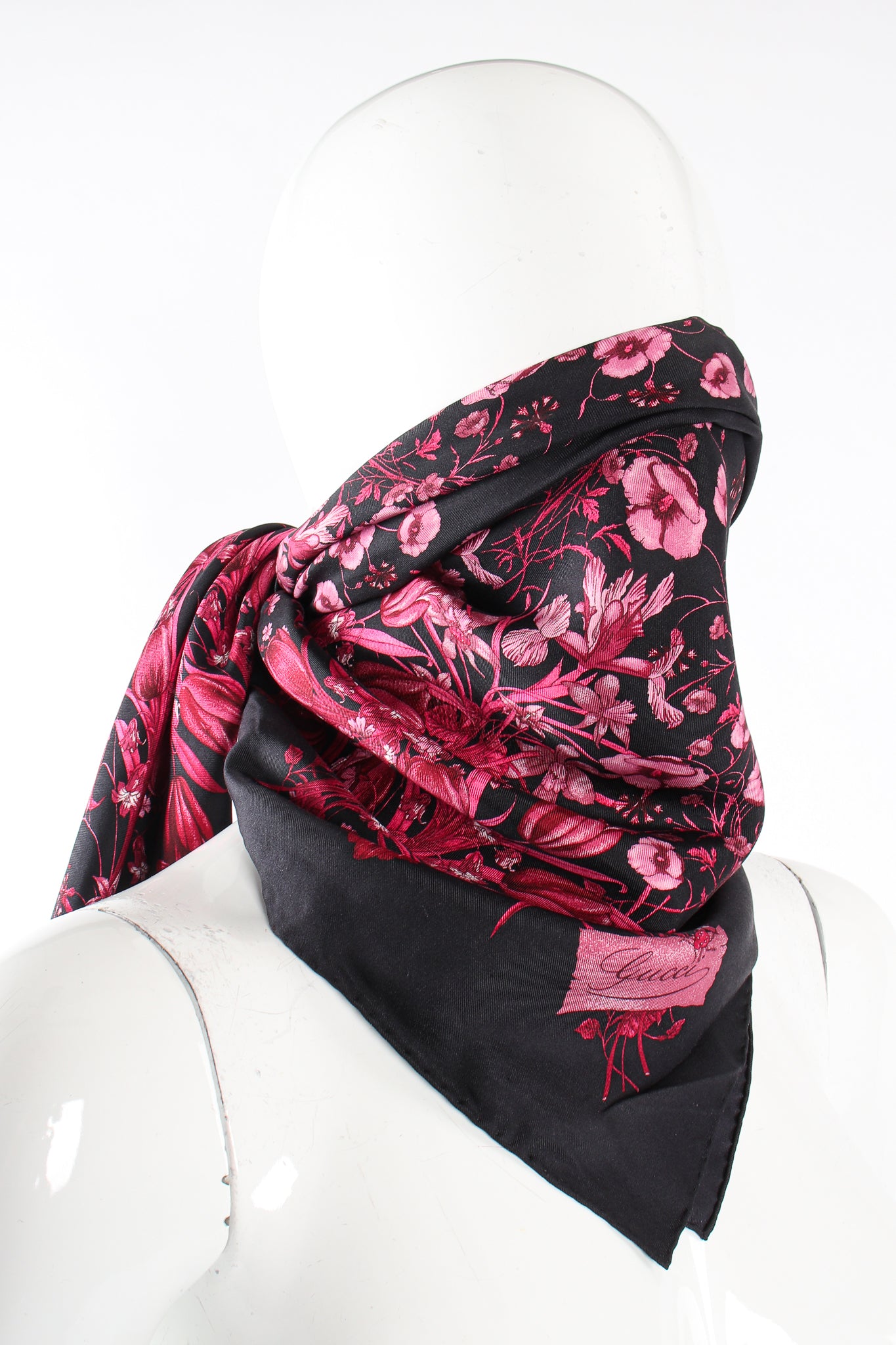 Vintage Gucci Burgundy Mono Flora Silk Scarf on Mannequin at Recess Los Angeles