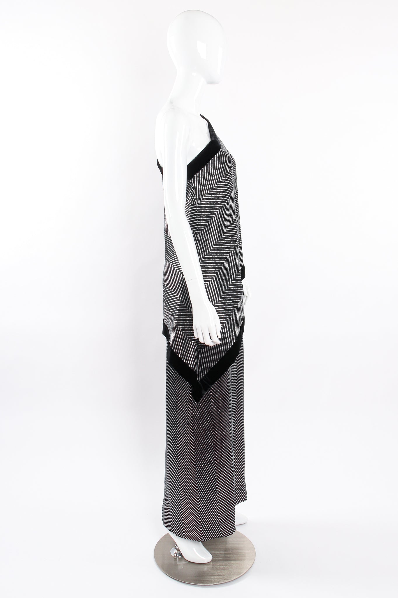 Vintage Gucci Metallic Silver Stripe Sari Shawl Dress on mannequin side at Recess Los Angeles