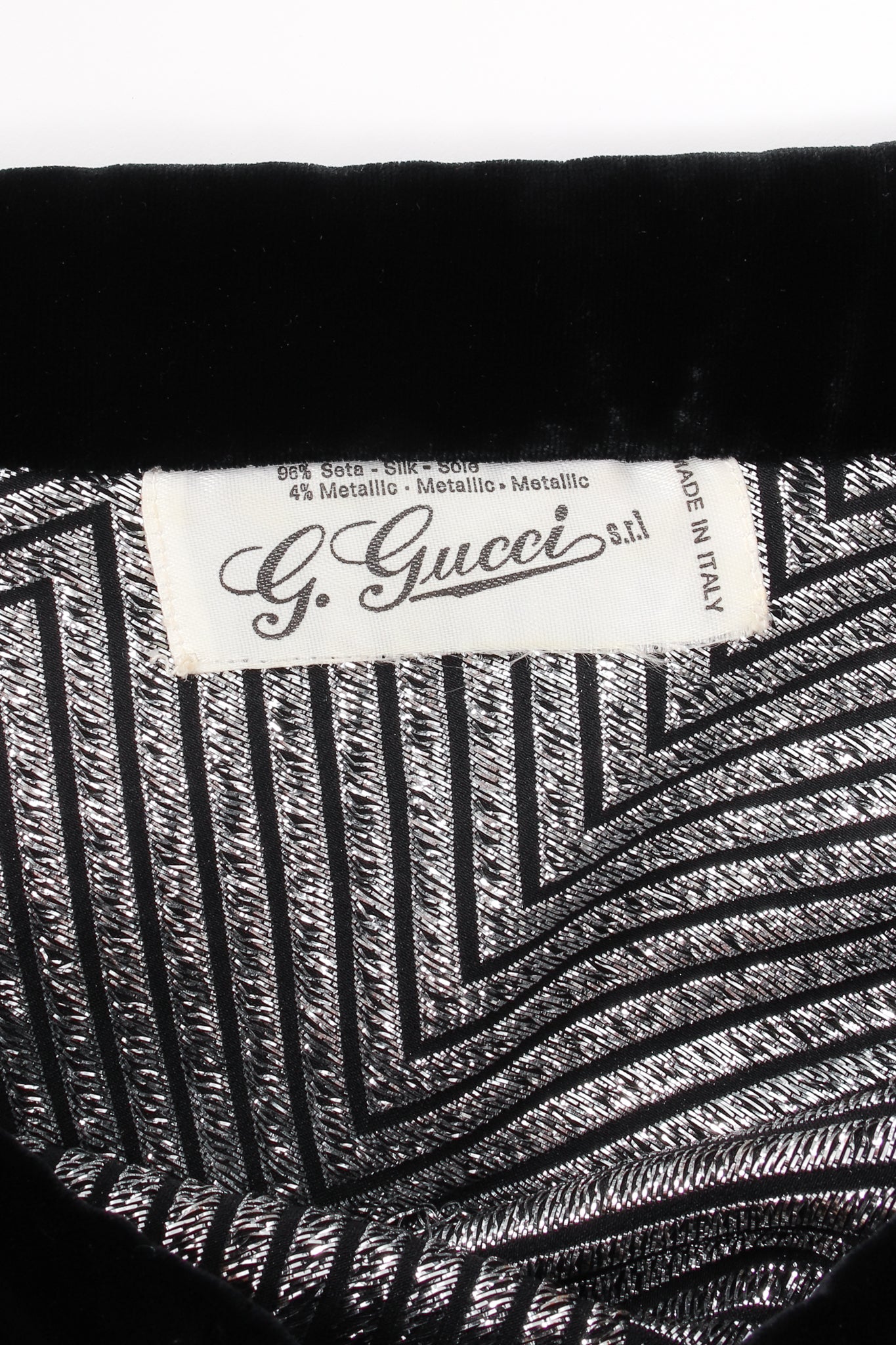 Vintage Gucci Metallic Silver Stripe Sari Shawl Dress label at Recess Los Angeles