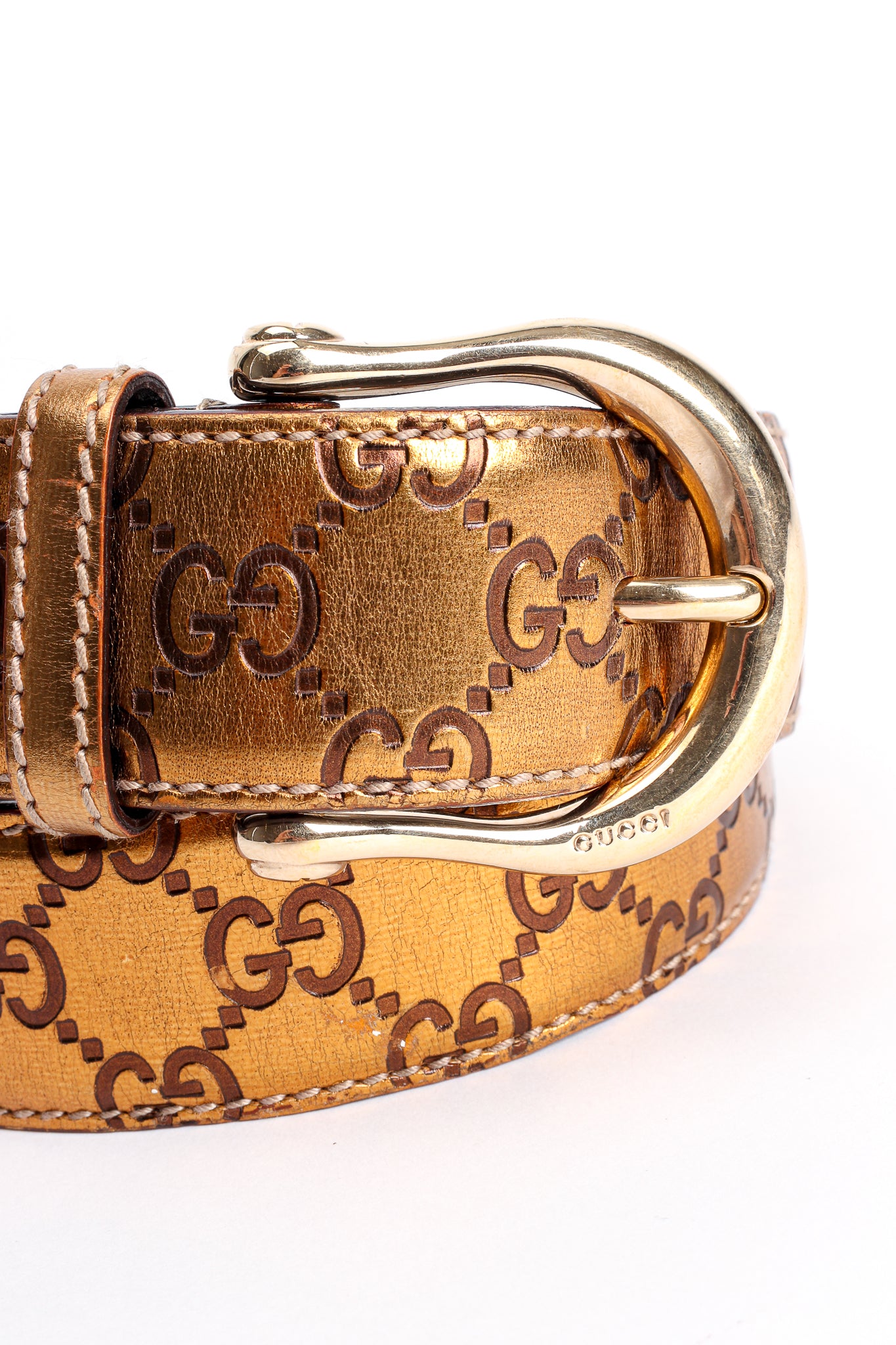 Vintage Gucci Metallic Leather Lamé Monogram GG Belt detail at Recess Los Angeles