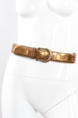 Vintage Gucci Metallic Leather Lamé Monogram GG Belt on mannequin at Recess Los Angeles