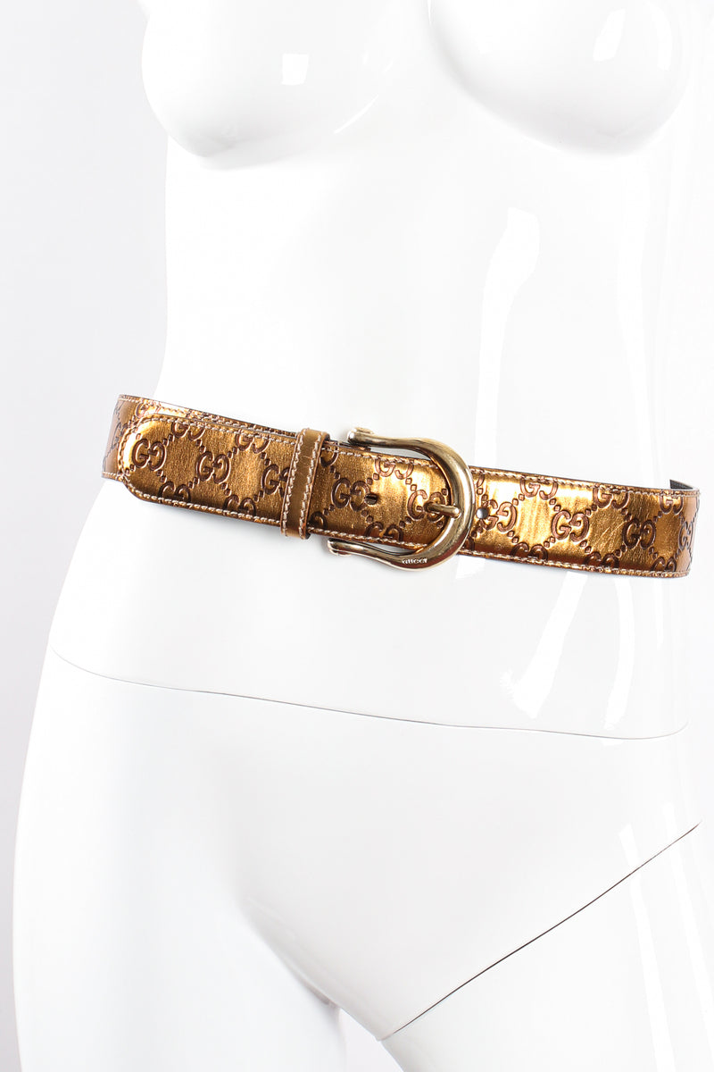 Vintage Gucci Metallic Leather Lamé Monogram GG Belt on mannequin at Recess Los Angeles