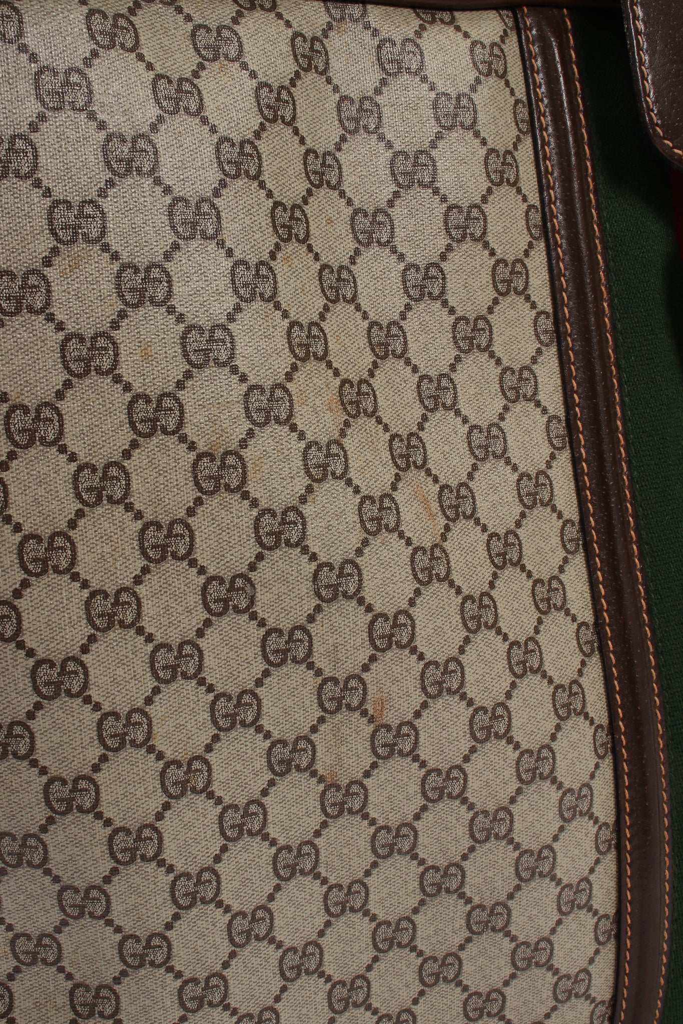 Vintage Gucci Monogram Stripe Suitcase front fabric stain at Recess Los Angeles