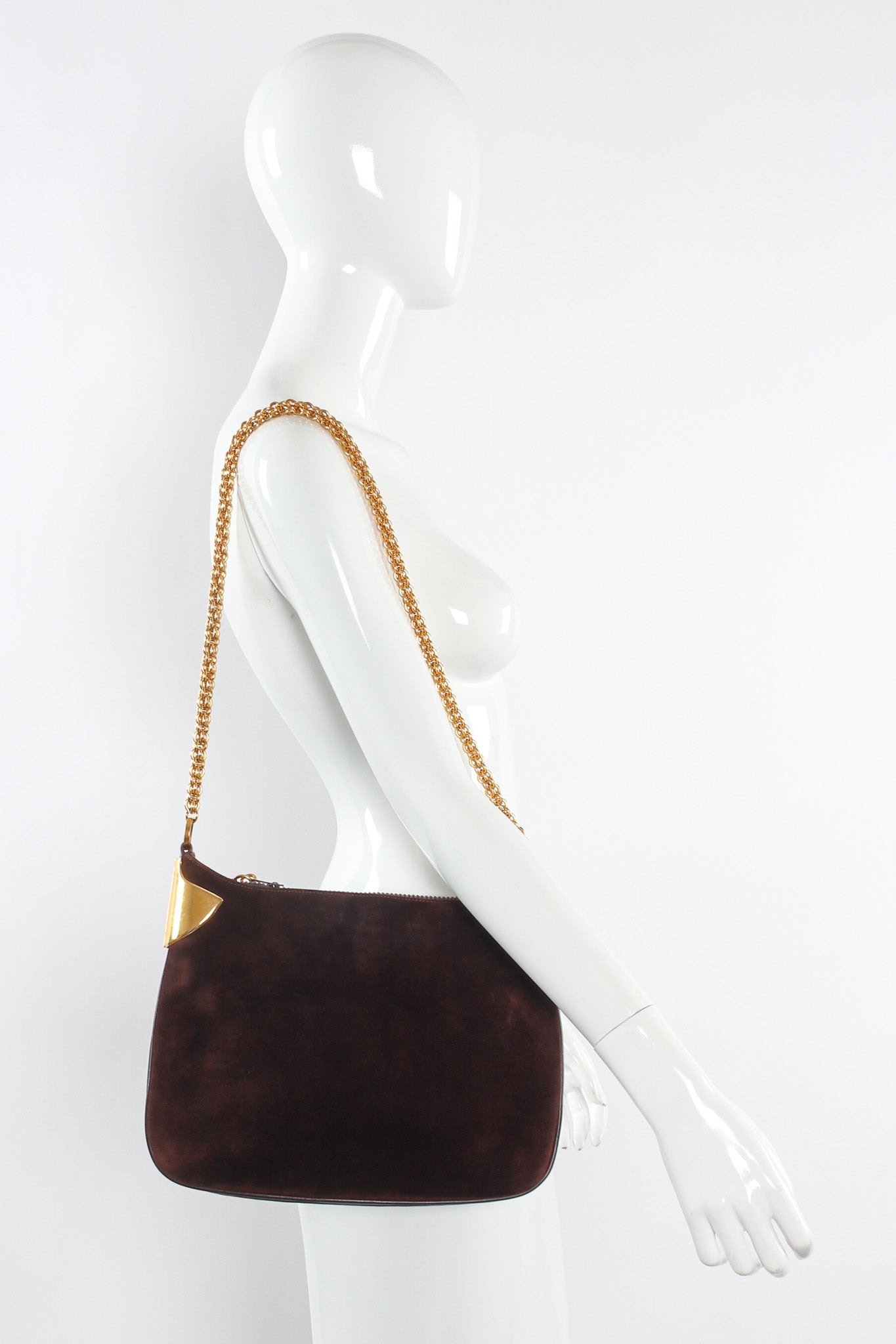 Vintage Gucci 1970s Suede Shoulder Bag on mannequin @ Recess Los Angeles