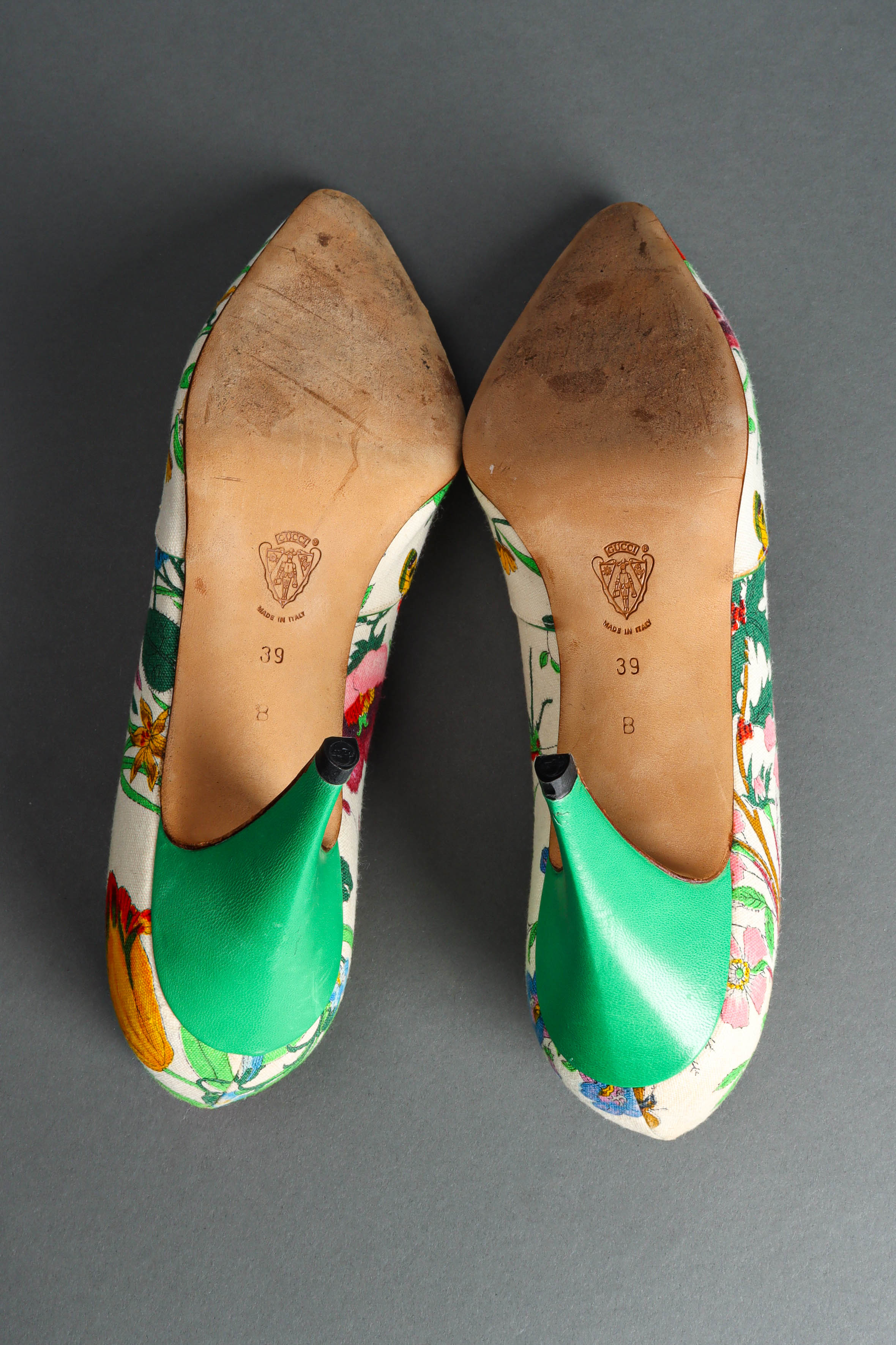 Vintage 1980 Gucci Botanical Floral Green Heels used soles/heel scuffs @ Recess LA