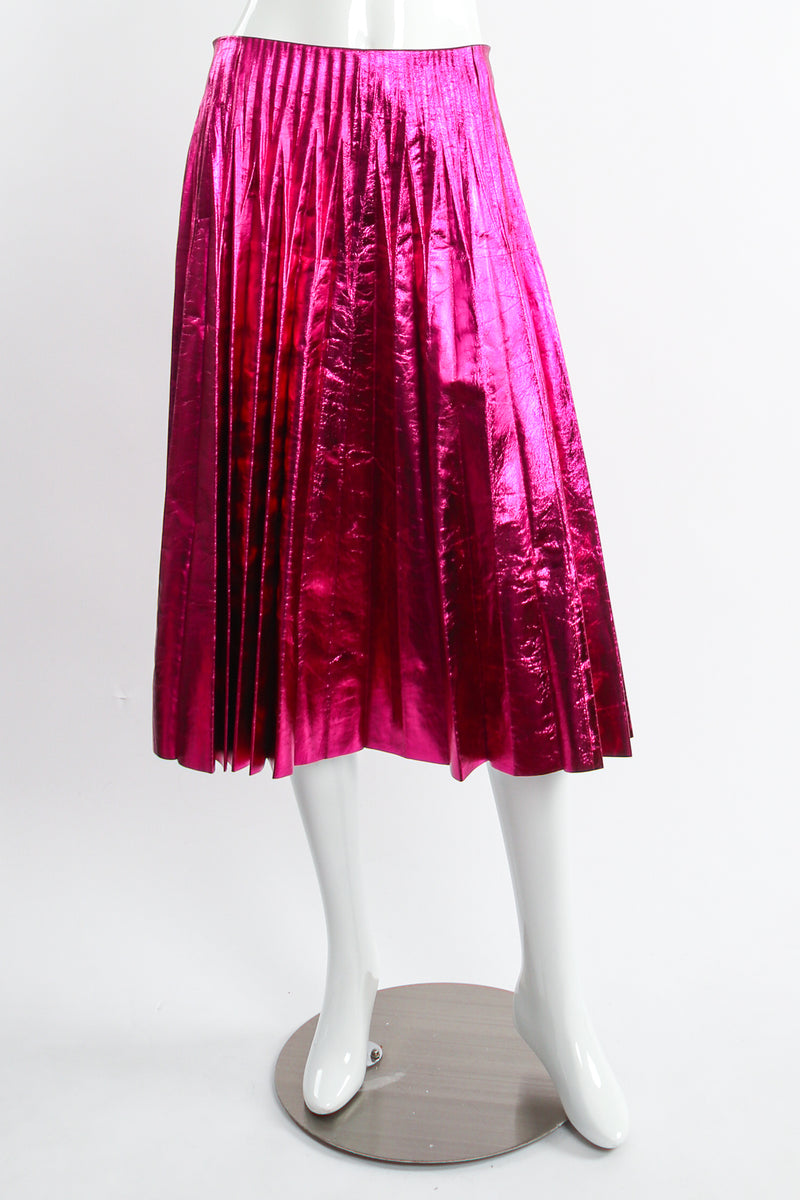 Gucci 2017 Metallic Plisse Pleated Leather Skirt in Fuchsia Rose on Mannequin front at Recess LA