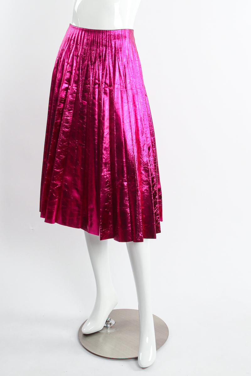 Gucci 2017 Metallic Plisse Pleated Leather Skirt in Fuchsia Rose on Mannequin angle at Recess LA