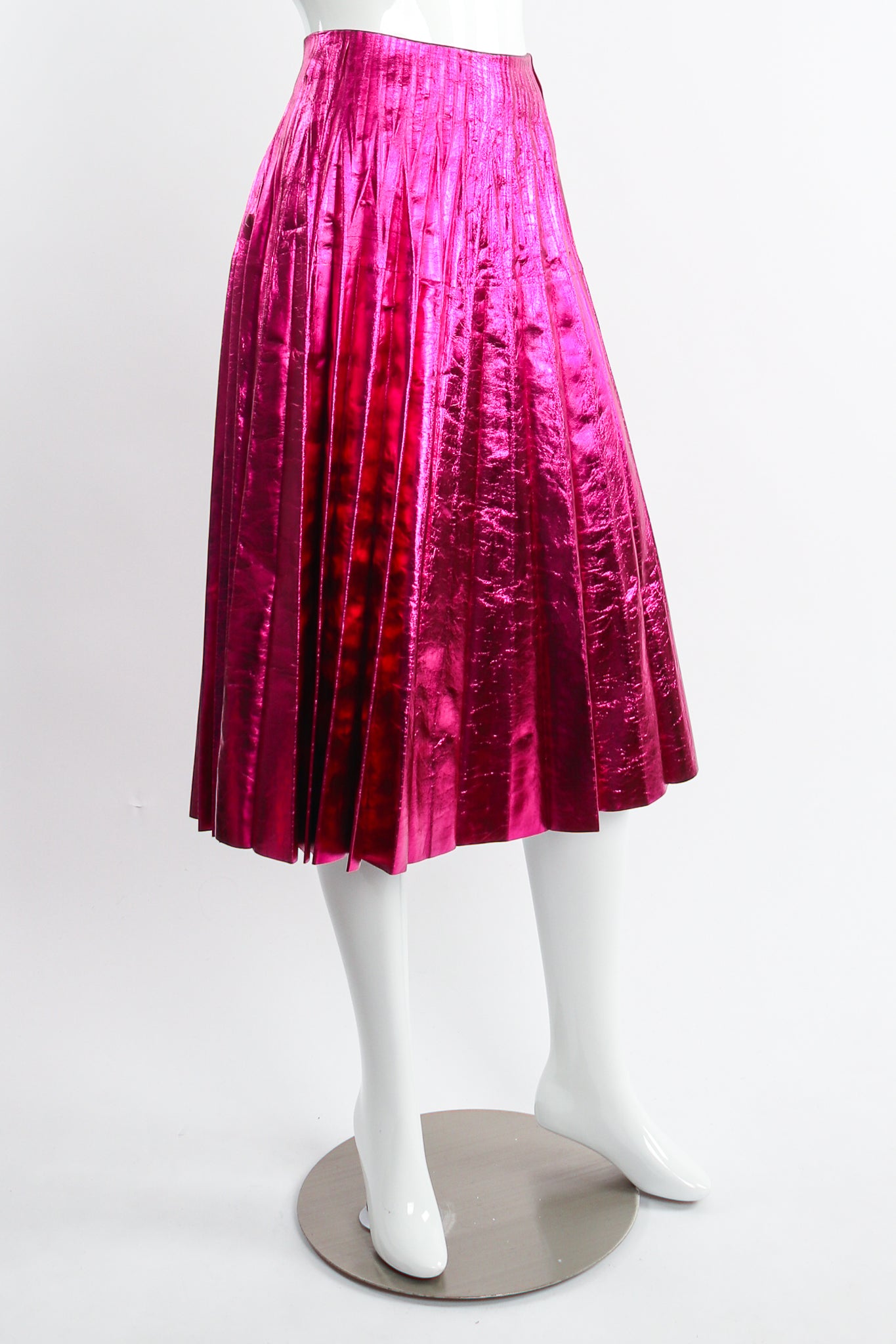 Gucci 2017 Metallic Plisse Pleated Leather Skirt in Fuchsia Rose on Mannequin angle at Recess LA