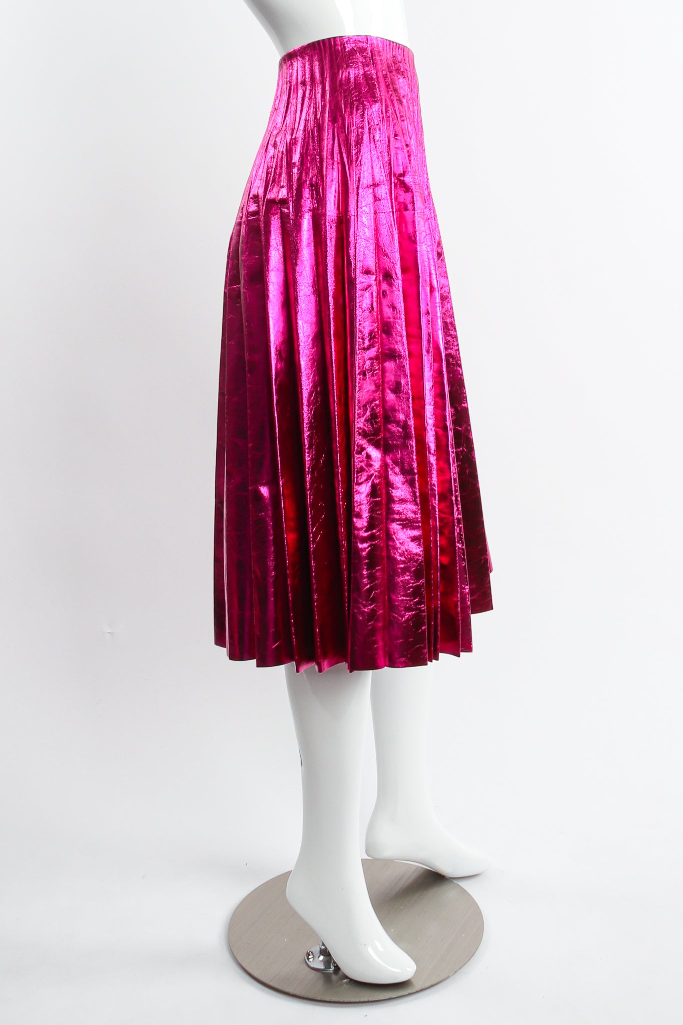 Gucci 2017 Metallic Plisse Pleated Leather Skirt in Fuchsia Rose on Mannequin side at Recess LA