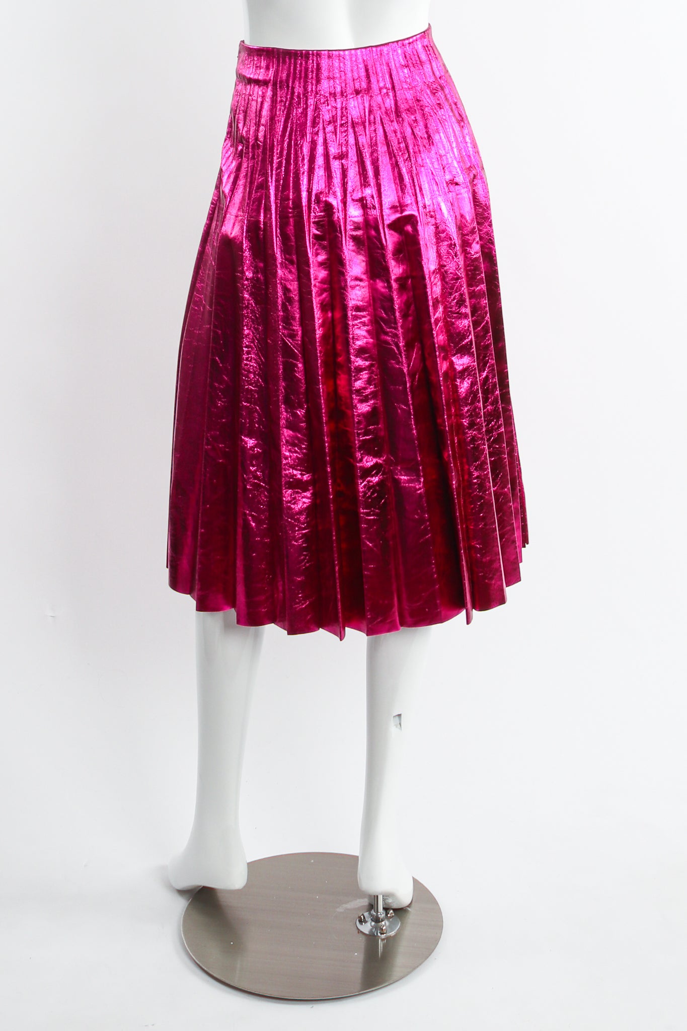 Gucci 2017 Metallic Plisse Pleated Leather Skirt in Fuchsia Rose on Mannequin back at Recess LA