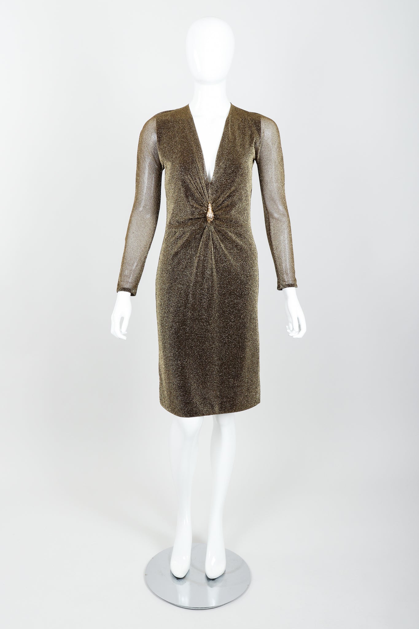 Vintage Gucci Tom Ford A/W 2000 Gold Lamé Dionysus Dress on Mannequin front at Recess LA