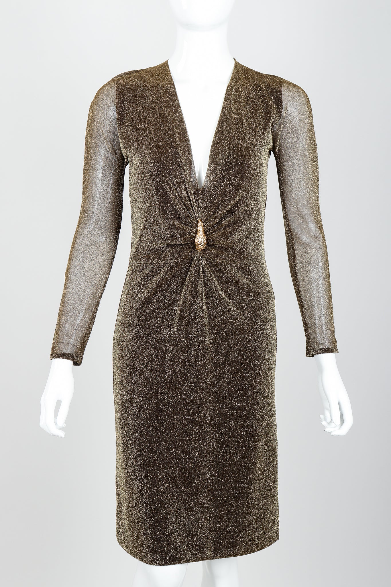 Vintage Gucci Tom Ford A/W 2000 Gold Lamé Dionysus Dress on Mannequin front crop at Recess LA