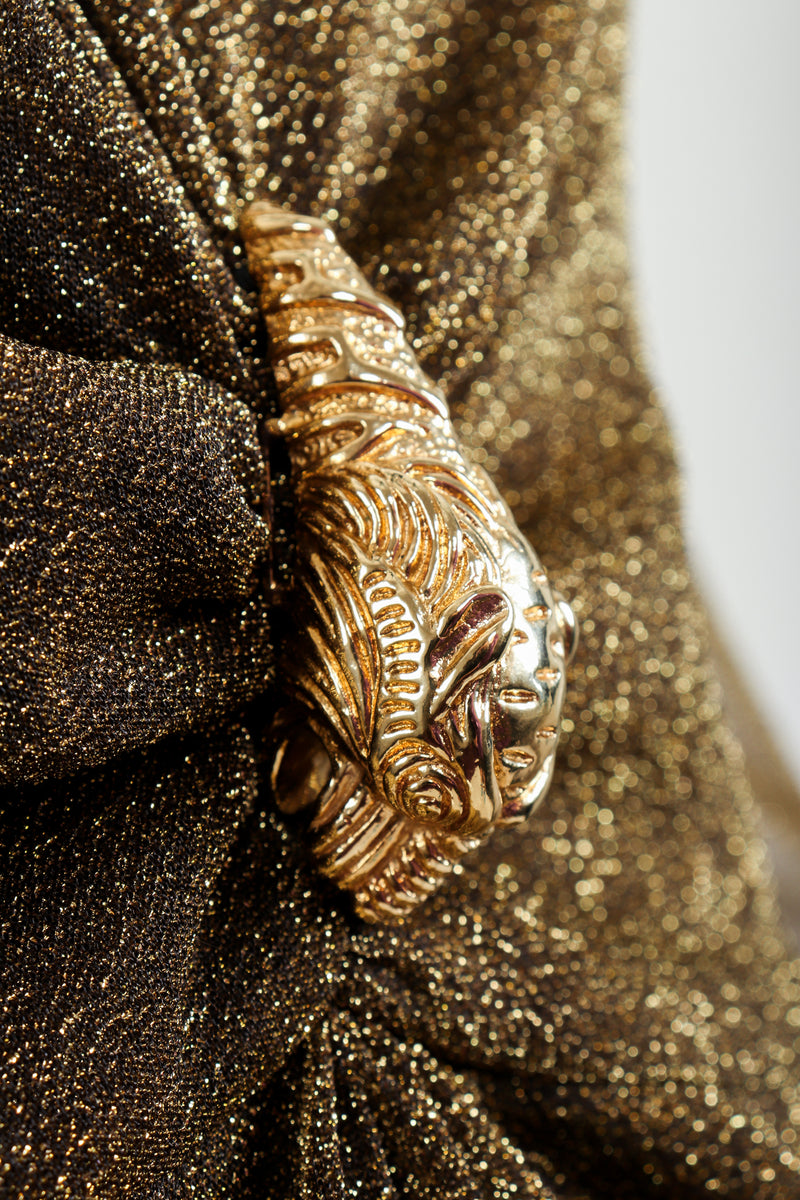 Vintage Gucci Gold Lamé Dionysus Plunge Dress Lion detail at Recess Los Angeles