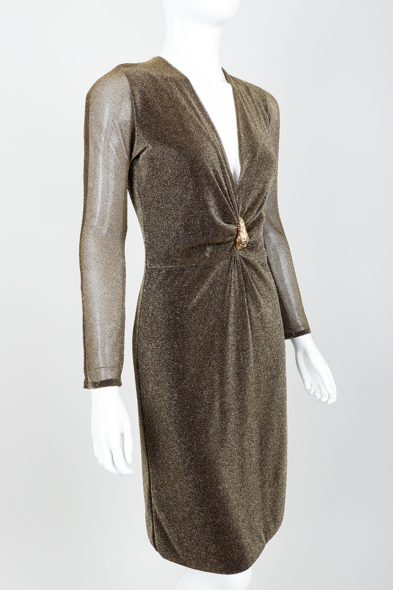 Vintage Gucci Tom Ford A/W 2000 Gold Lamé Dionysus Dress on Mannequin angle crop at Recess LA